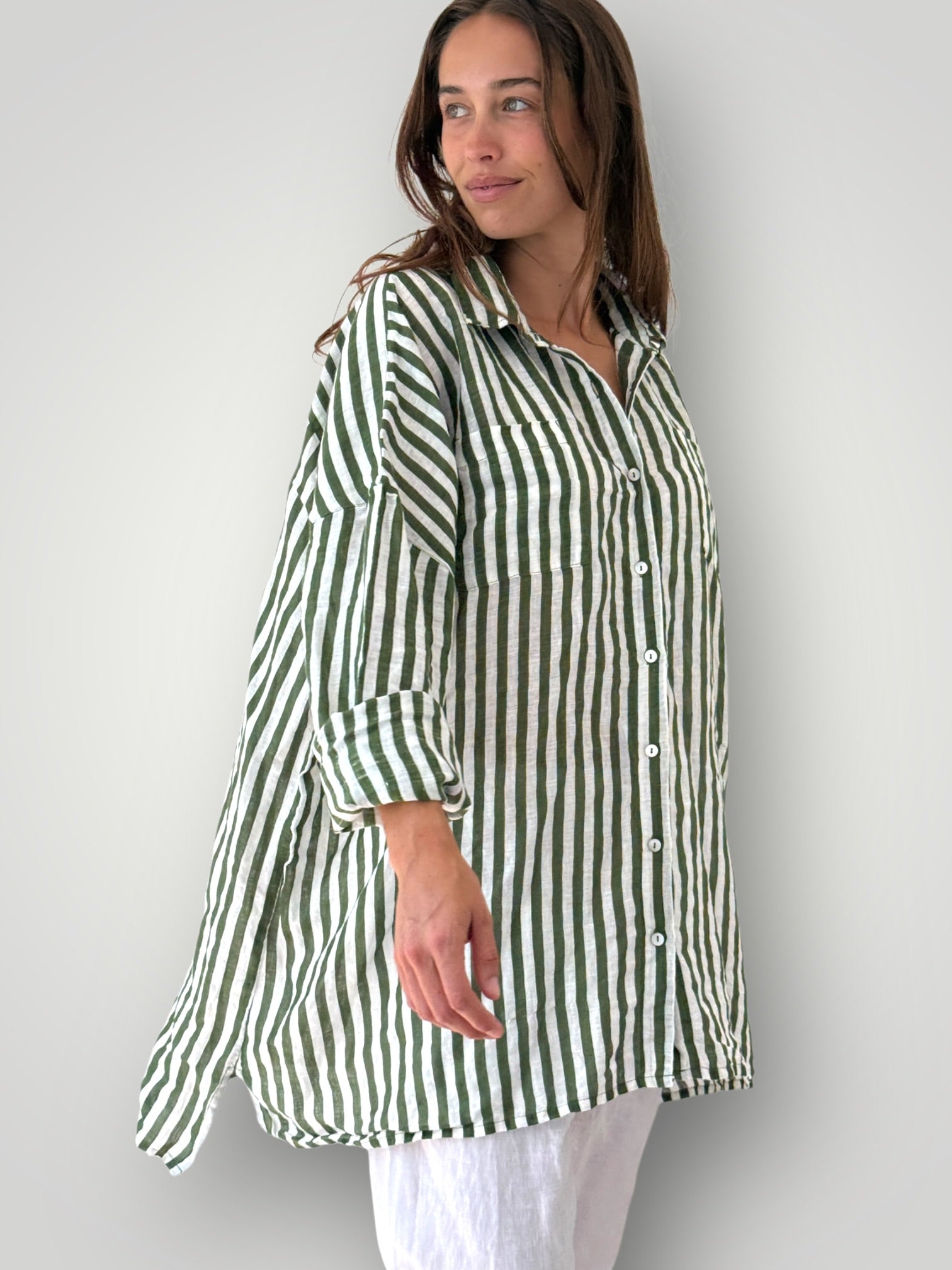 aiden boyfriend shirt -moss stripe linen Apparel
