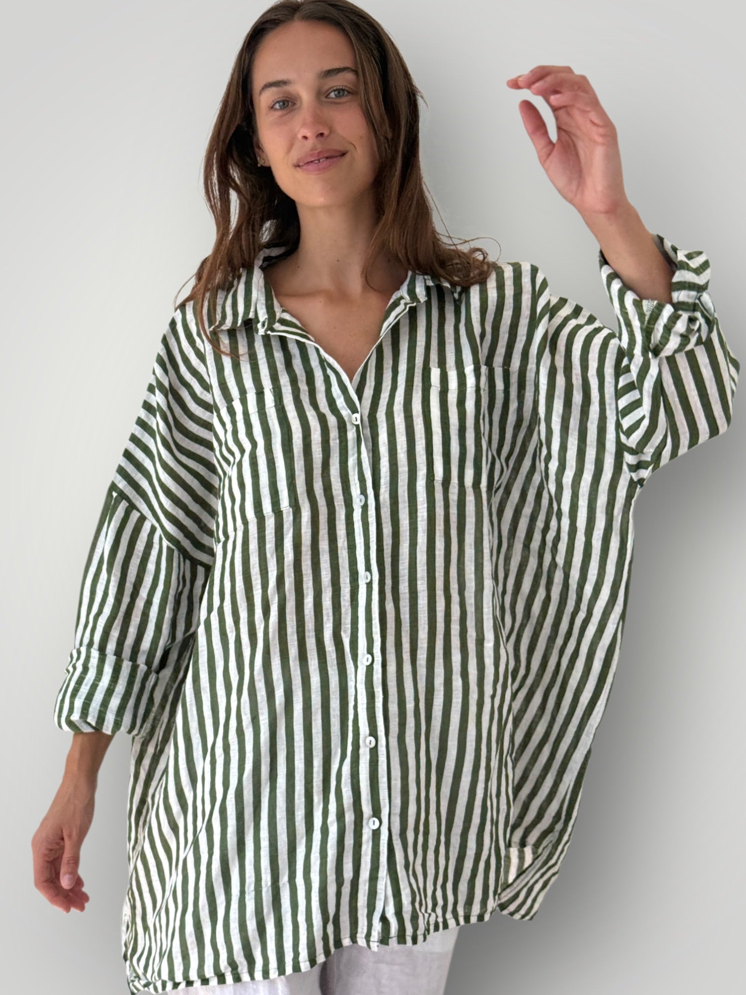 aiden boyfriend shirt -moss stripe linen Apparel