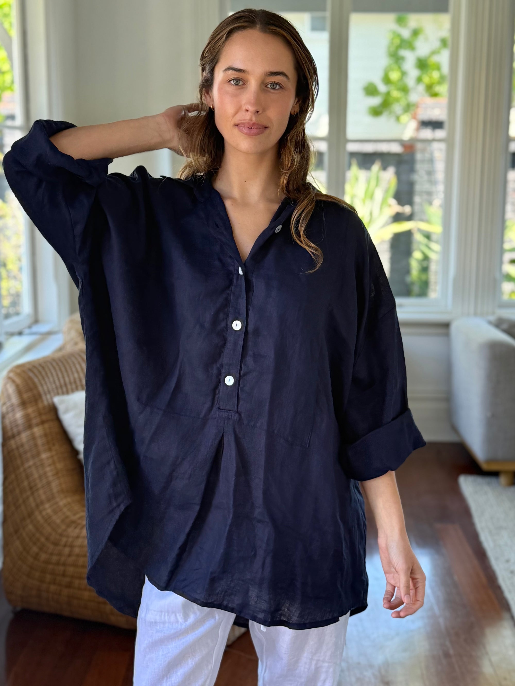 megan shirt - navy linen Apparel