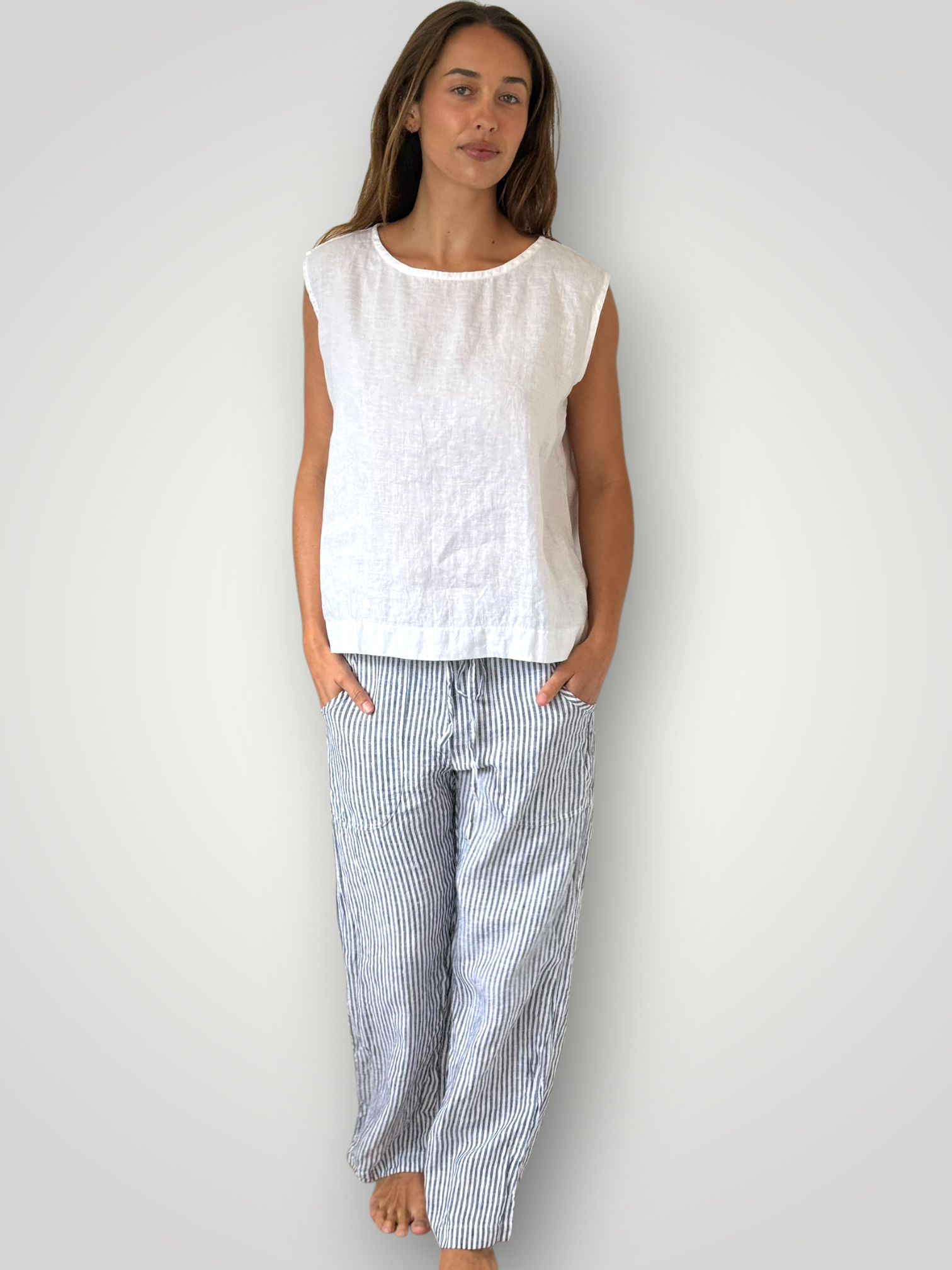 fleur straight leg pants - dark grey stripe linen Apparel