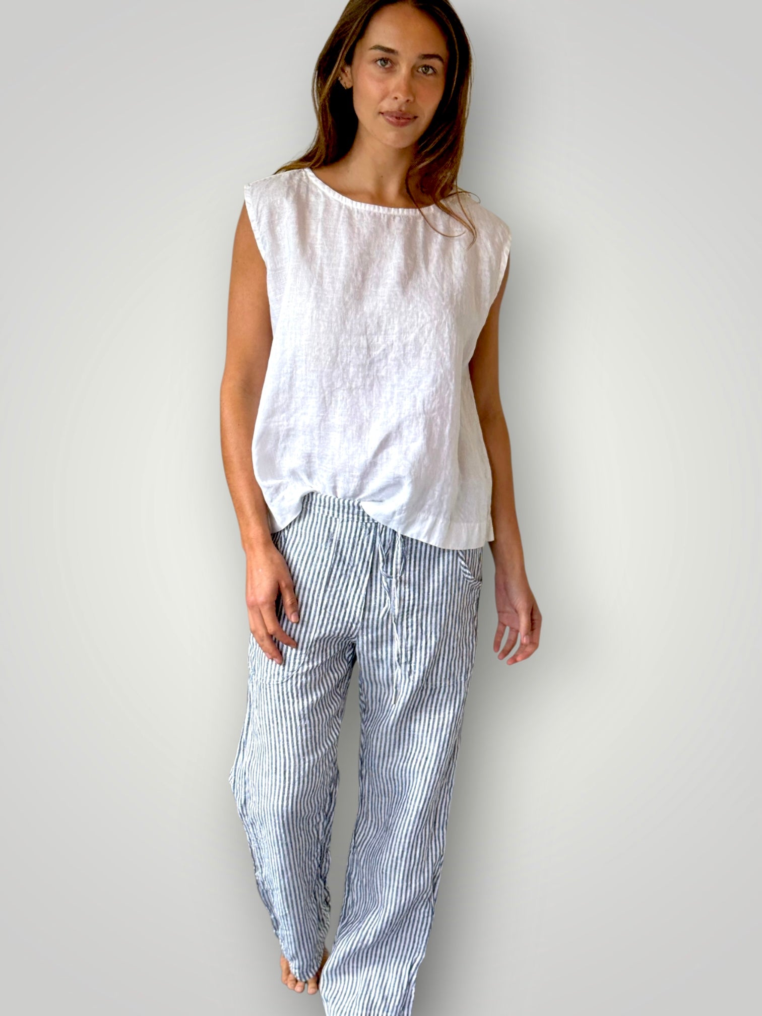 fleur straight leg pants - dark grey stripe linen Apparel
