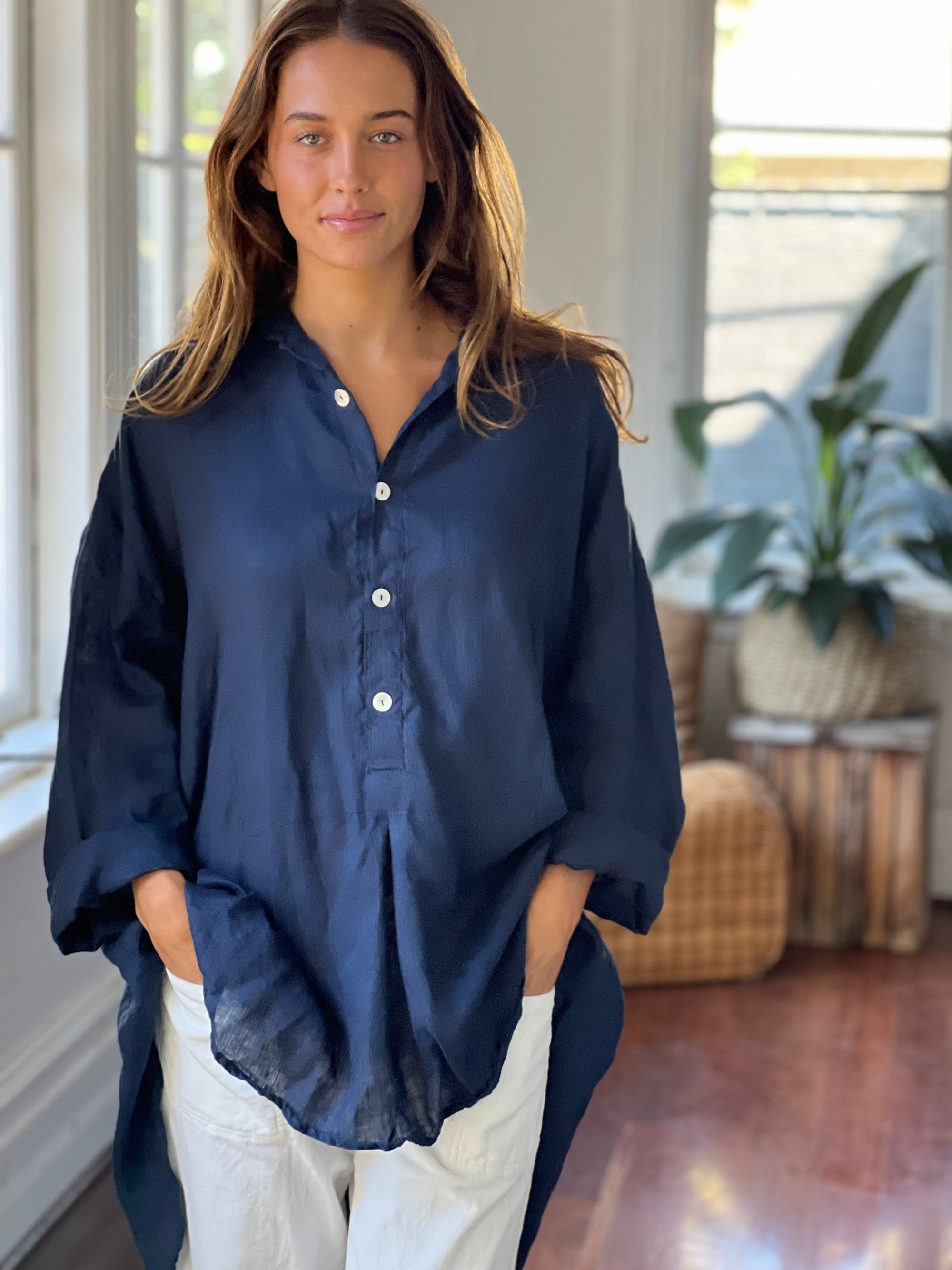 megan shirt - navy linen Apparel  