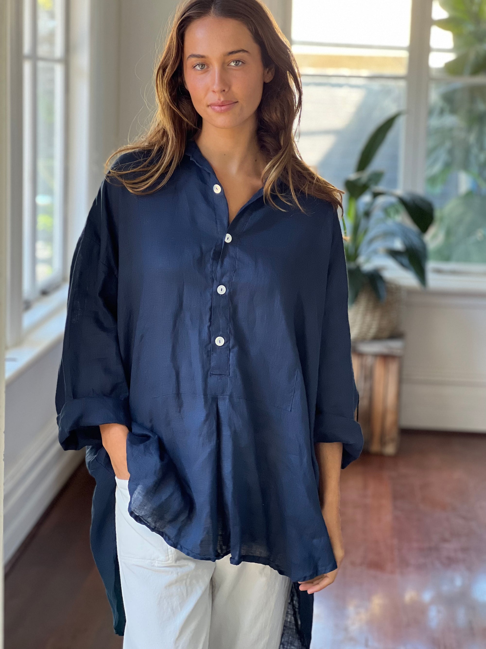 megan shirt - navy linen Apparel  