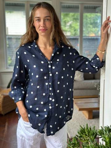 erika shirt - navy spot linen Apparel
