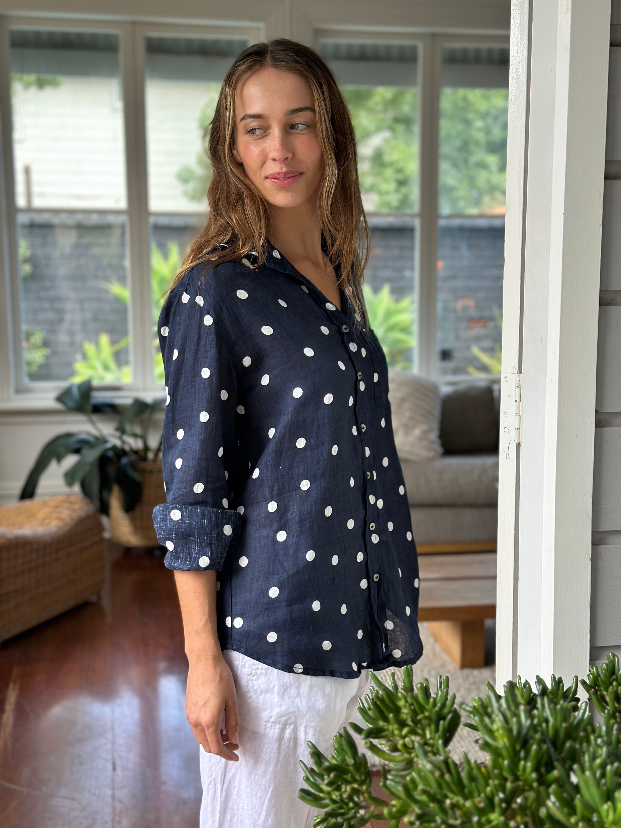 erika shirt - navy spot linen Apparel
