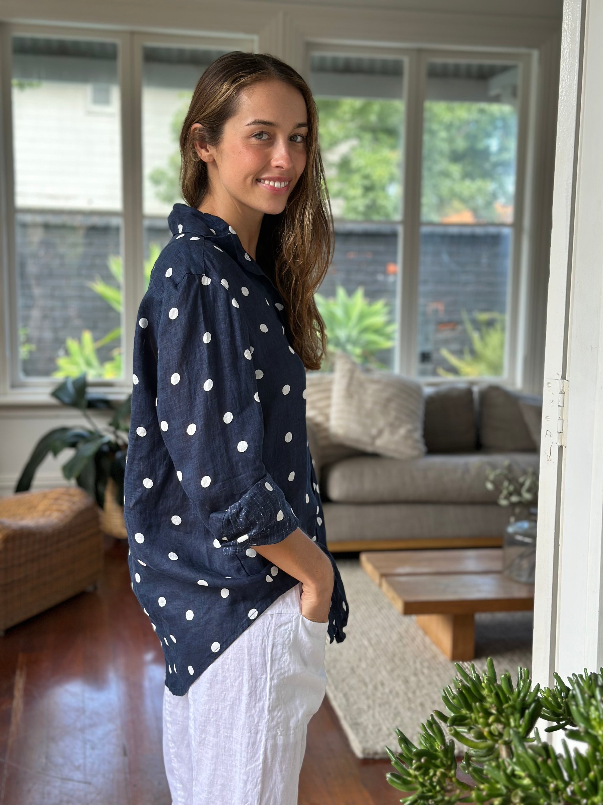 erika shirt - navy spot linen Apparel