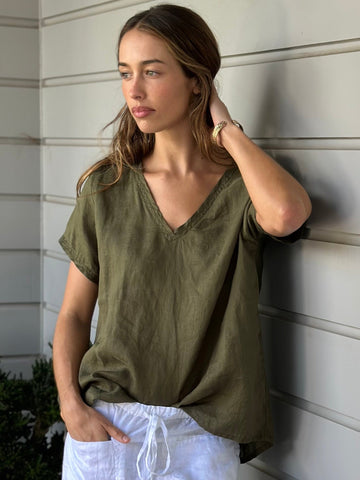 ellie v neck top - army linen Apparel