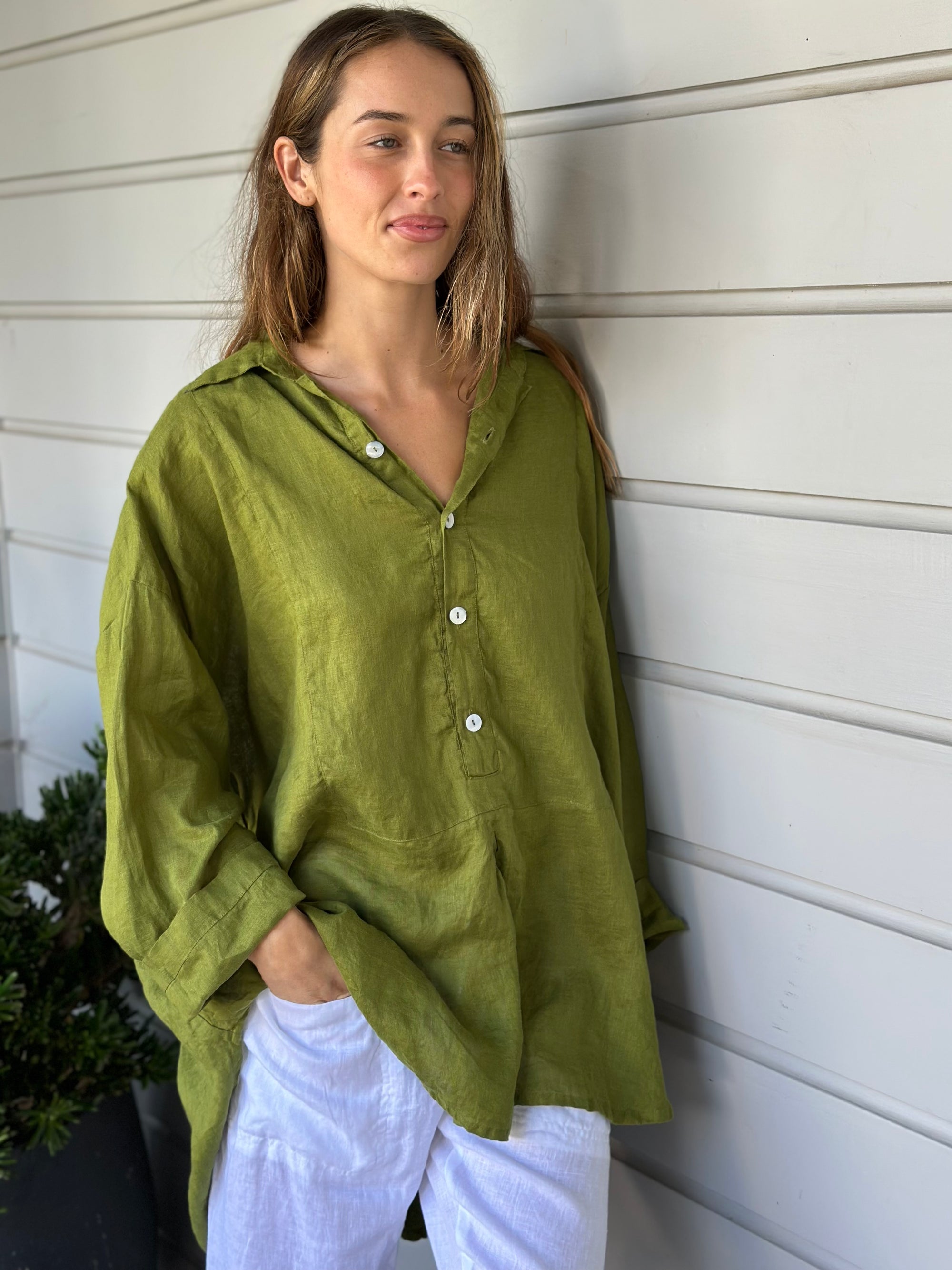 megan shirt - olive linen Apparel