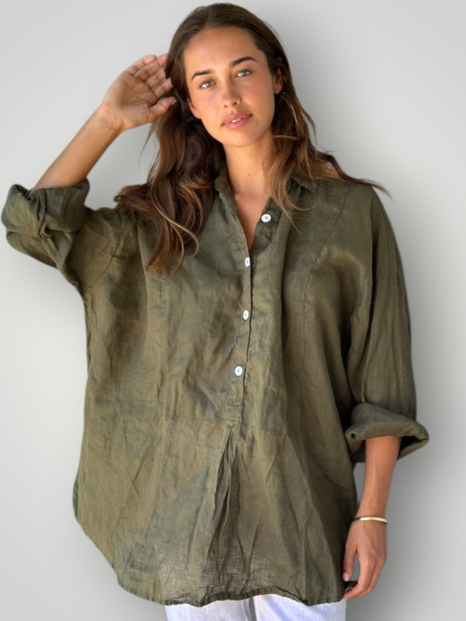 megan shirt - army linen Apparel