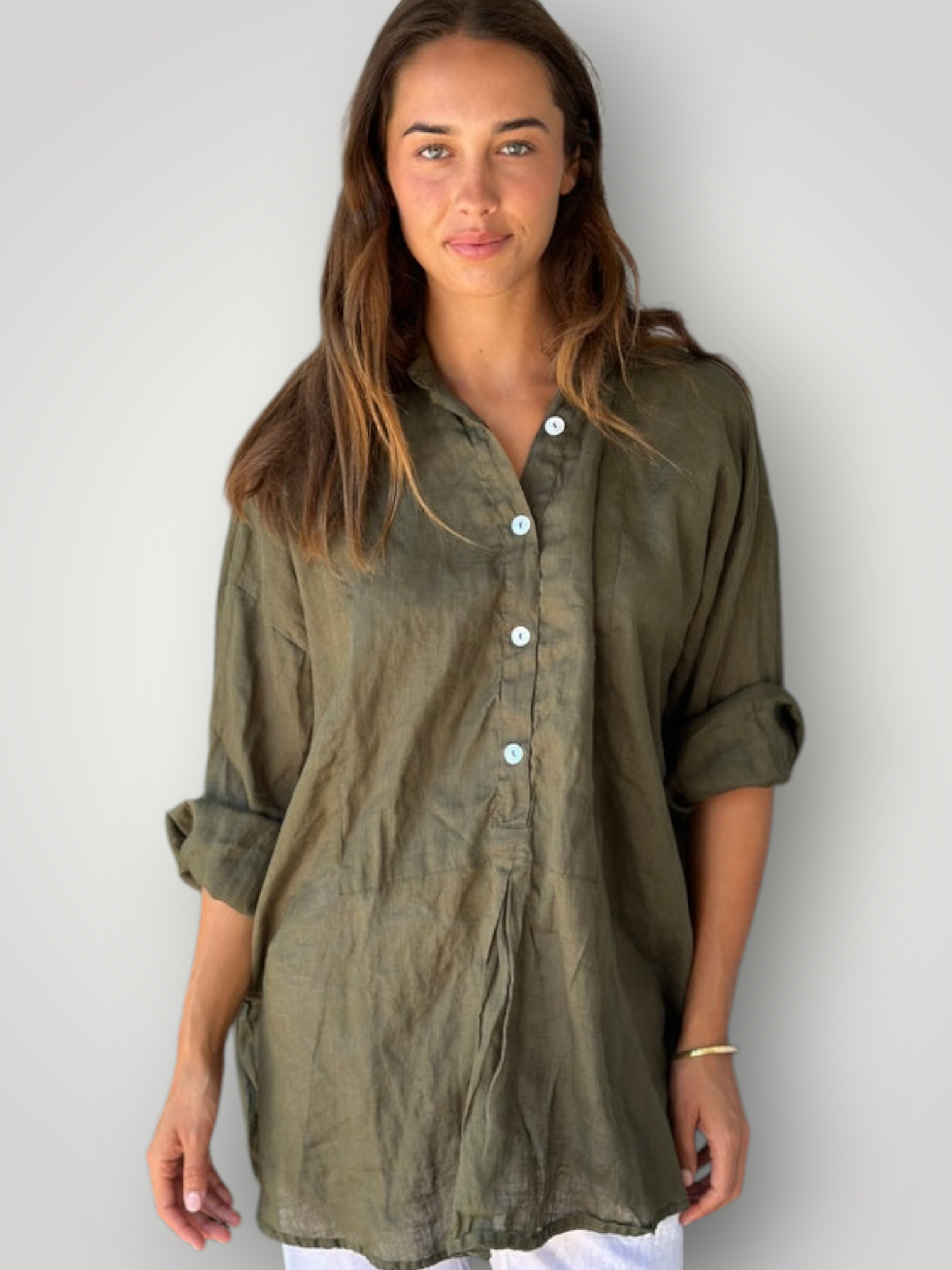 megan shirt - army linen Apparel