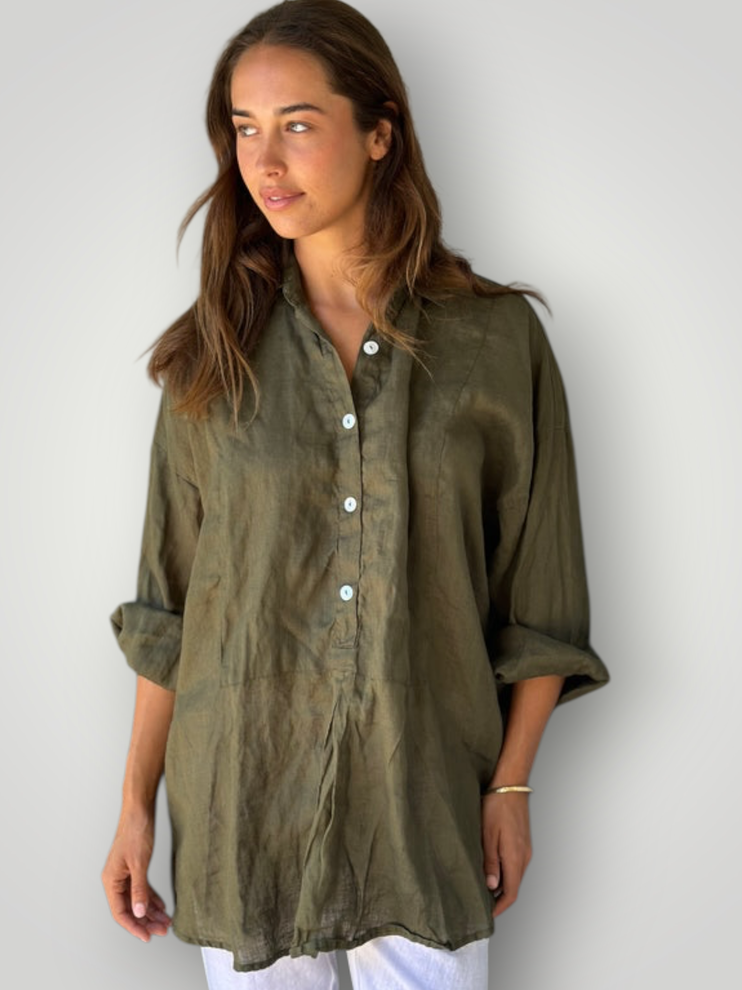 megan shirt - army linen Apparel