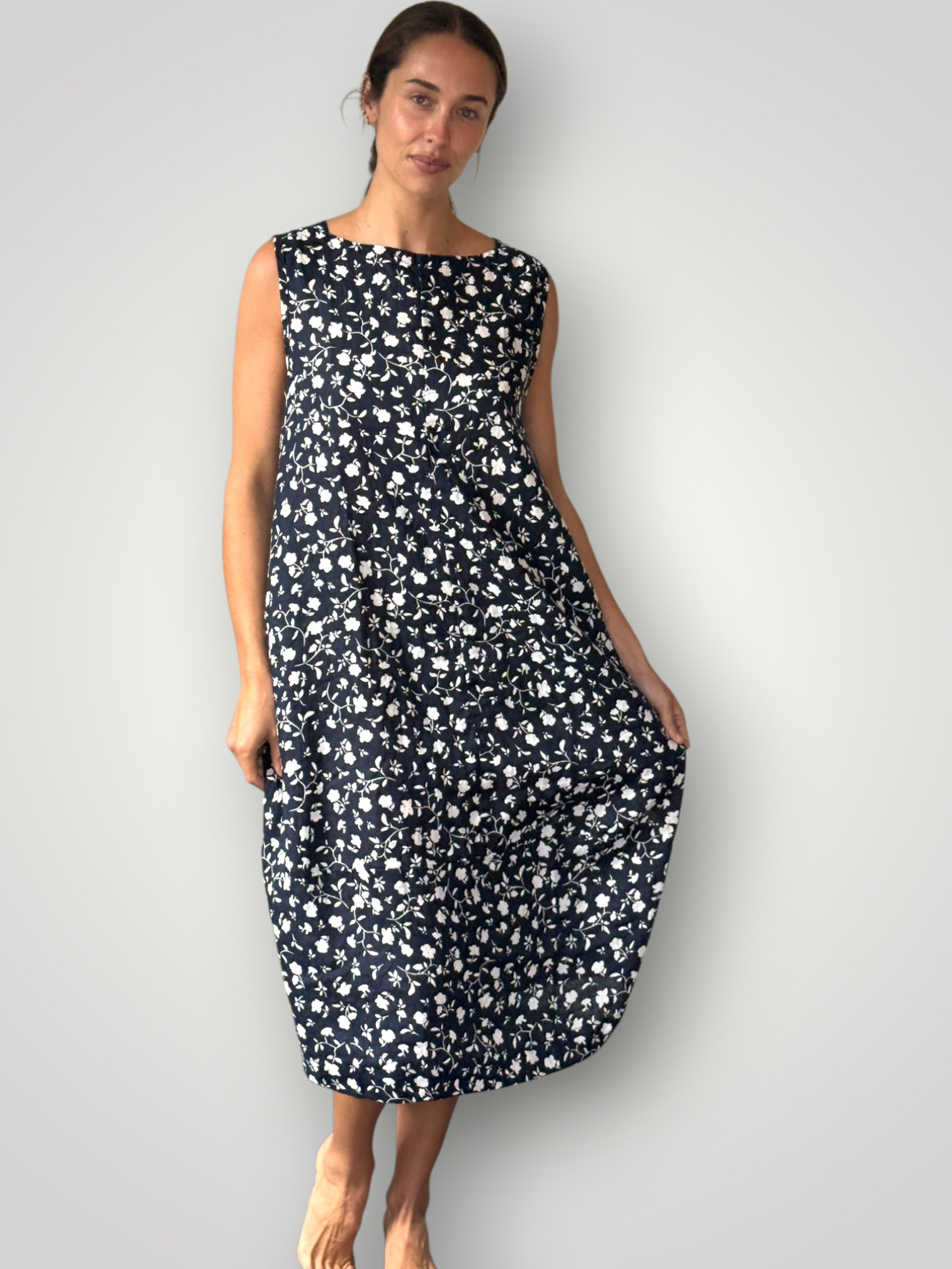 adele dress - navy floral linen Apparel