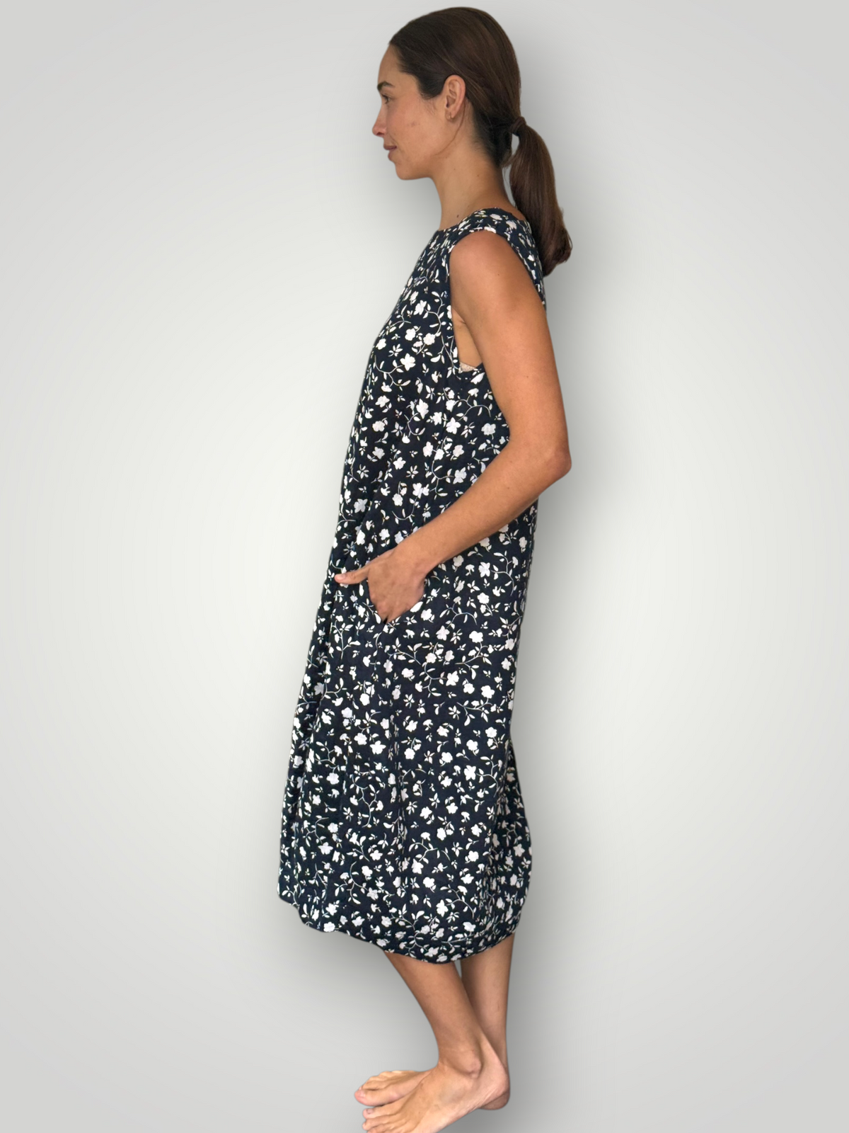 adele dress - navy floral linen Apparel