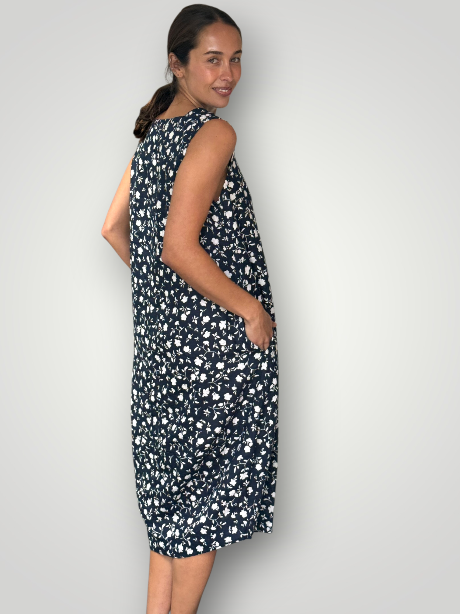 adele dress - navy floral linen Apparel