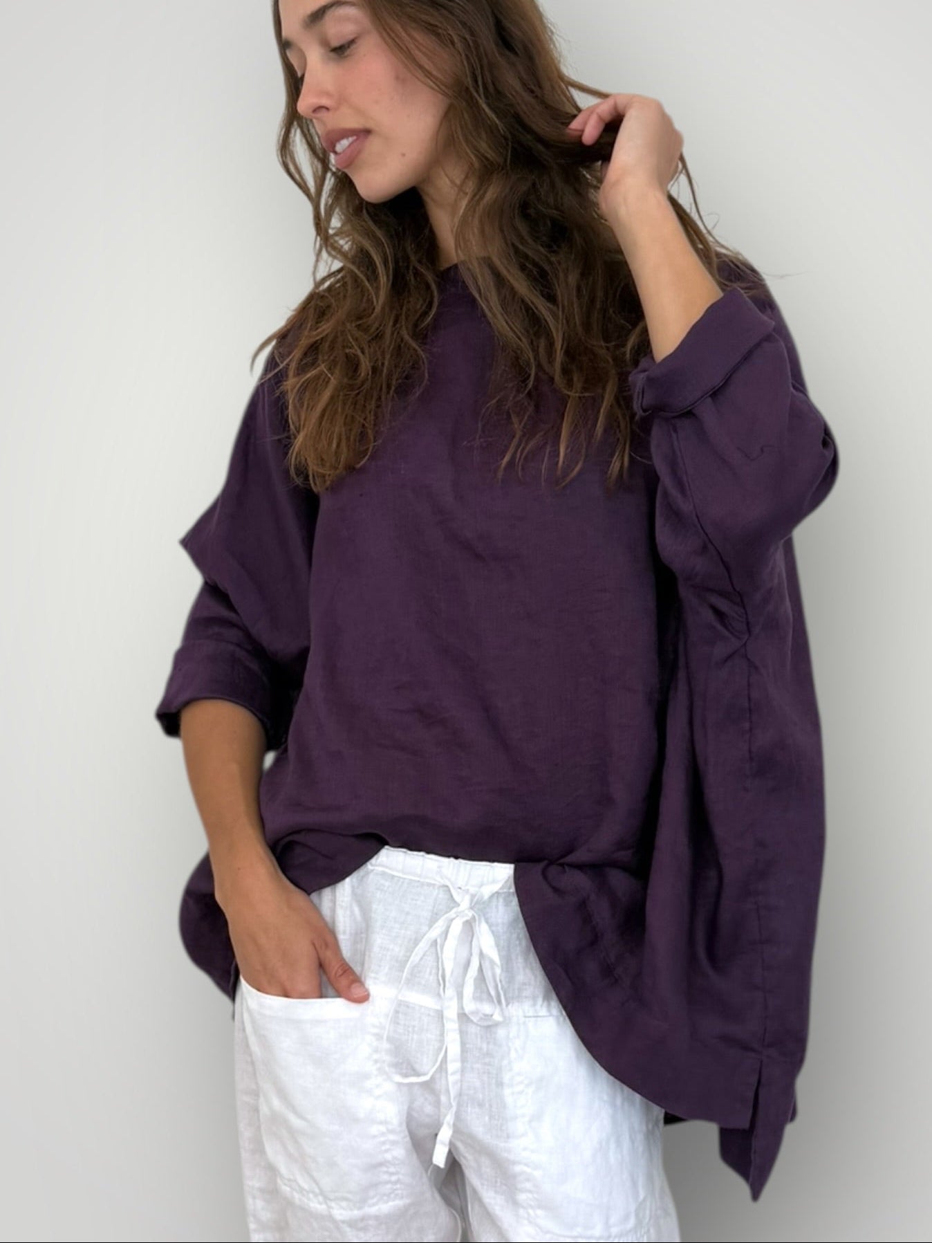 avril top - eggplant linen Apparel