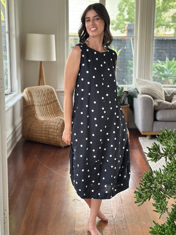 adele dress - black spot linen Apparel