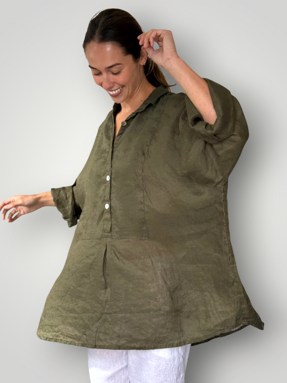 megan shirt - army linen Apparel