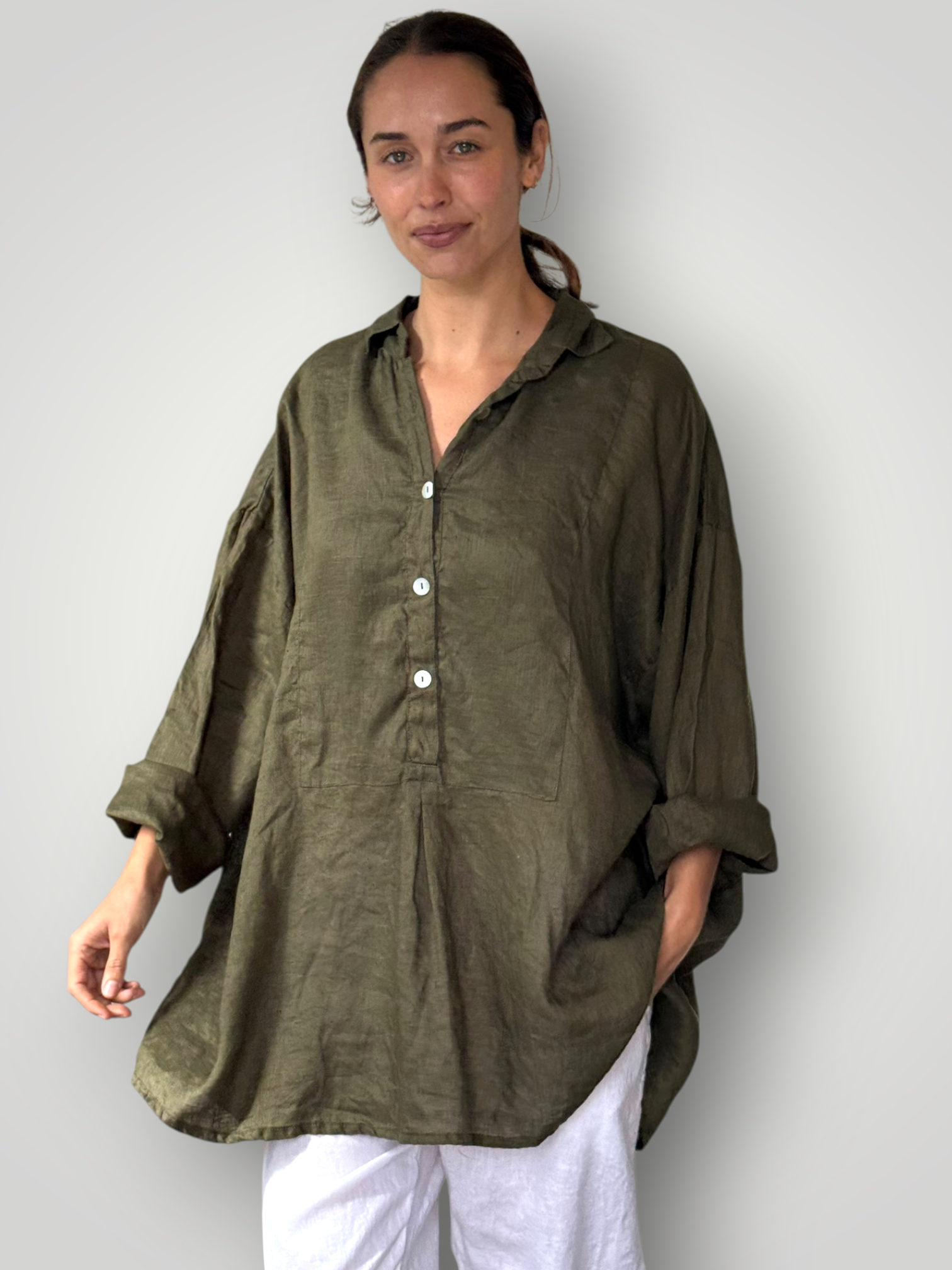 megan shirt - army linen Apparel