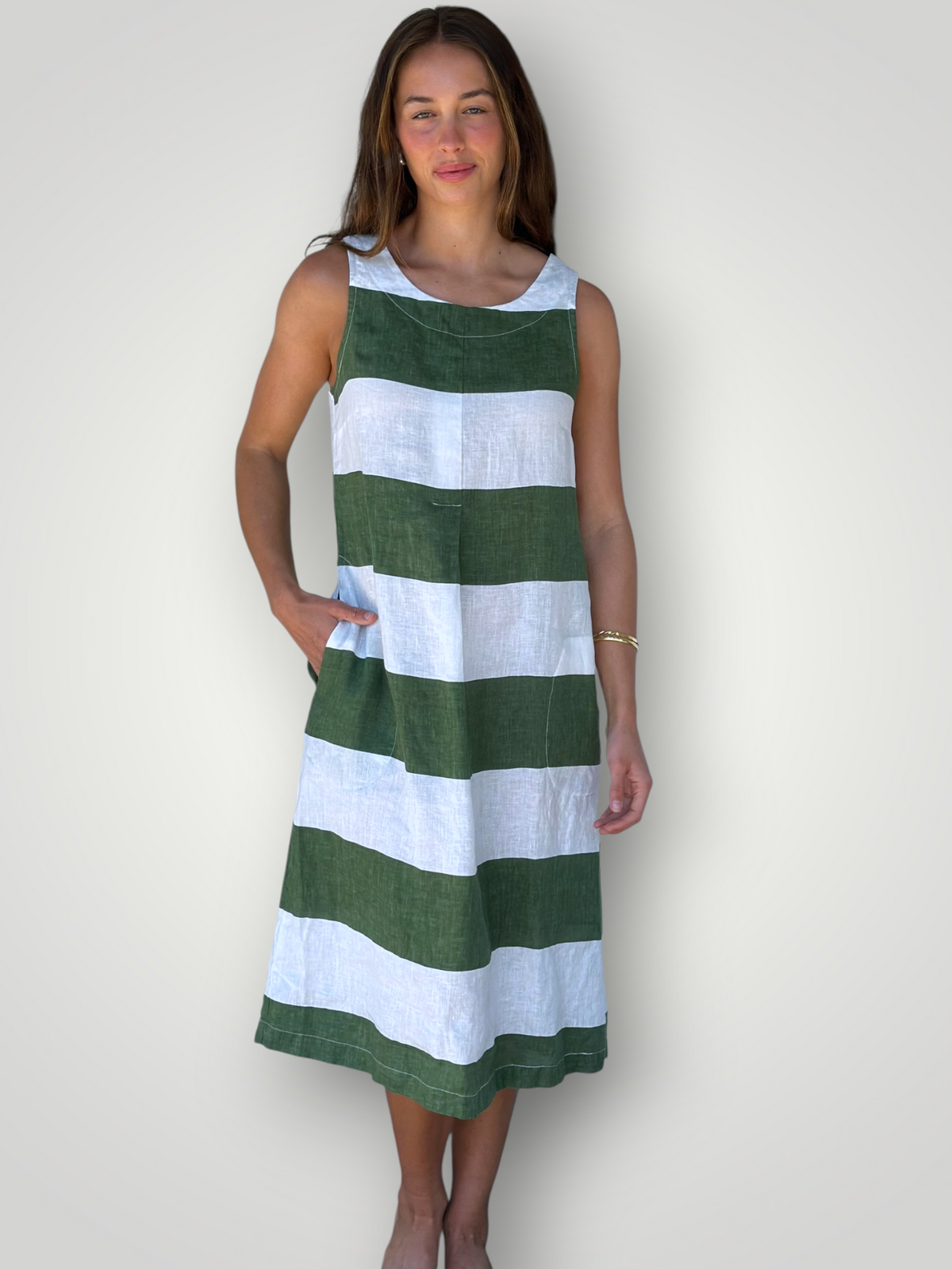 becky dress - big moss stripe linen Apparel
