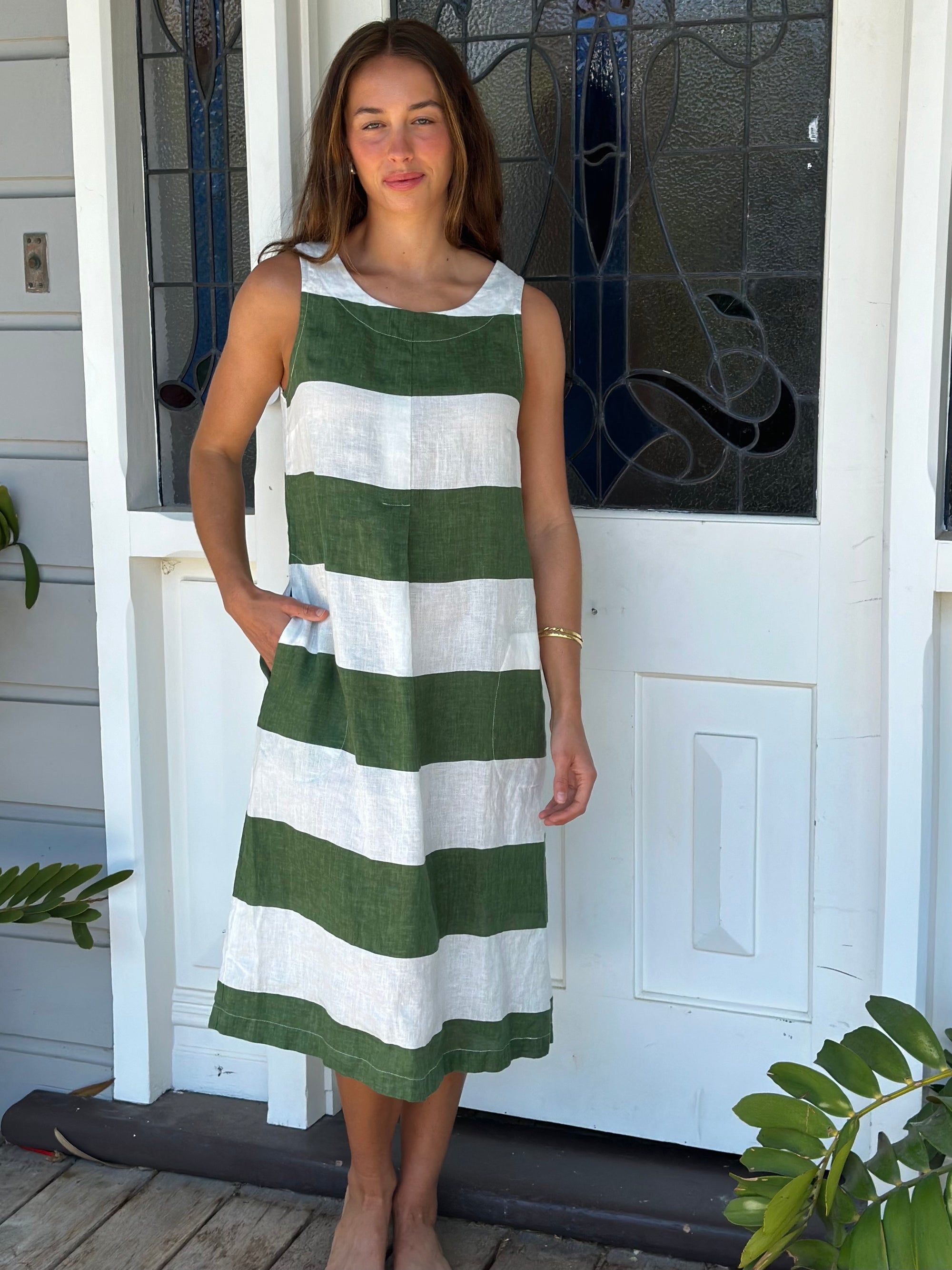 becky dress - big moss stripe linen Apparel  