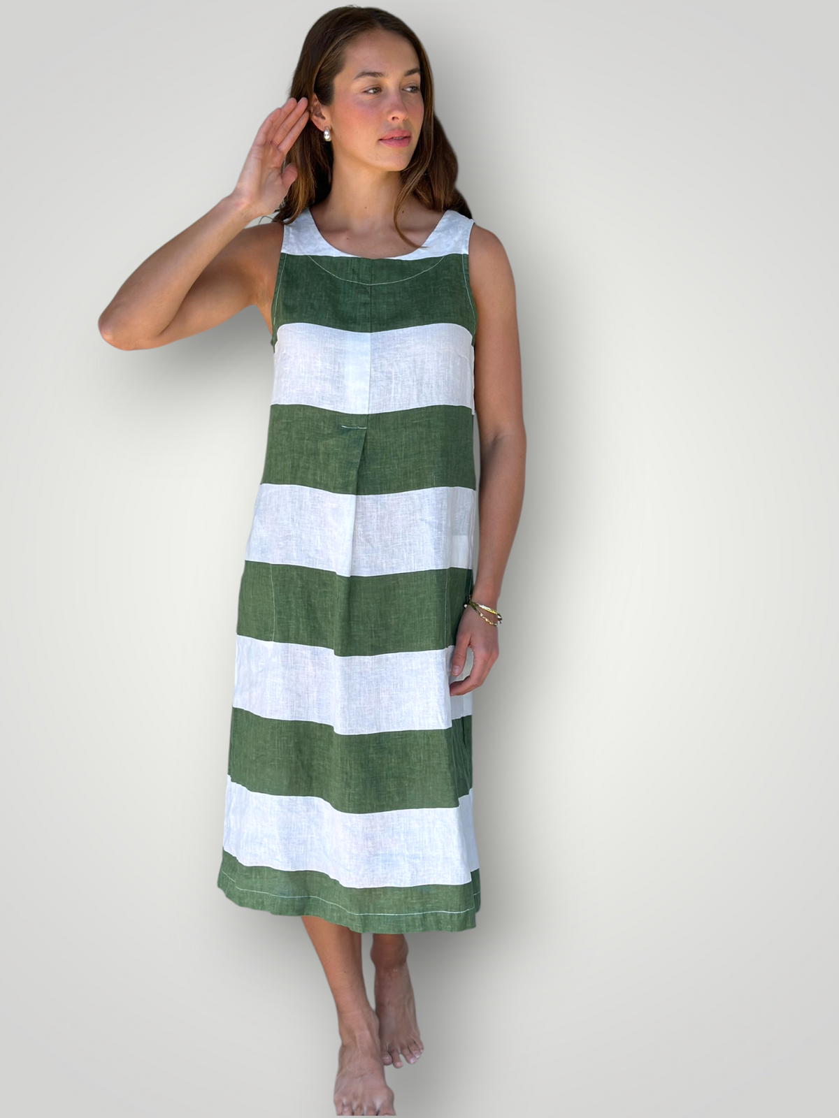 becky dress - big moss stripe linen Apparel