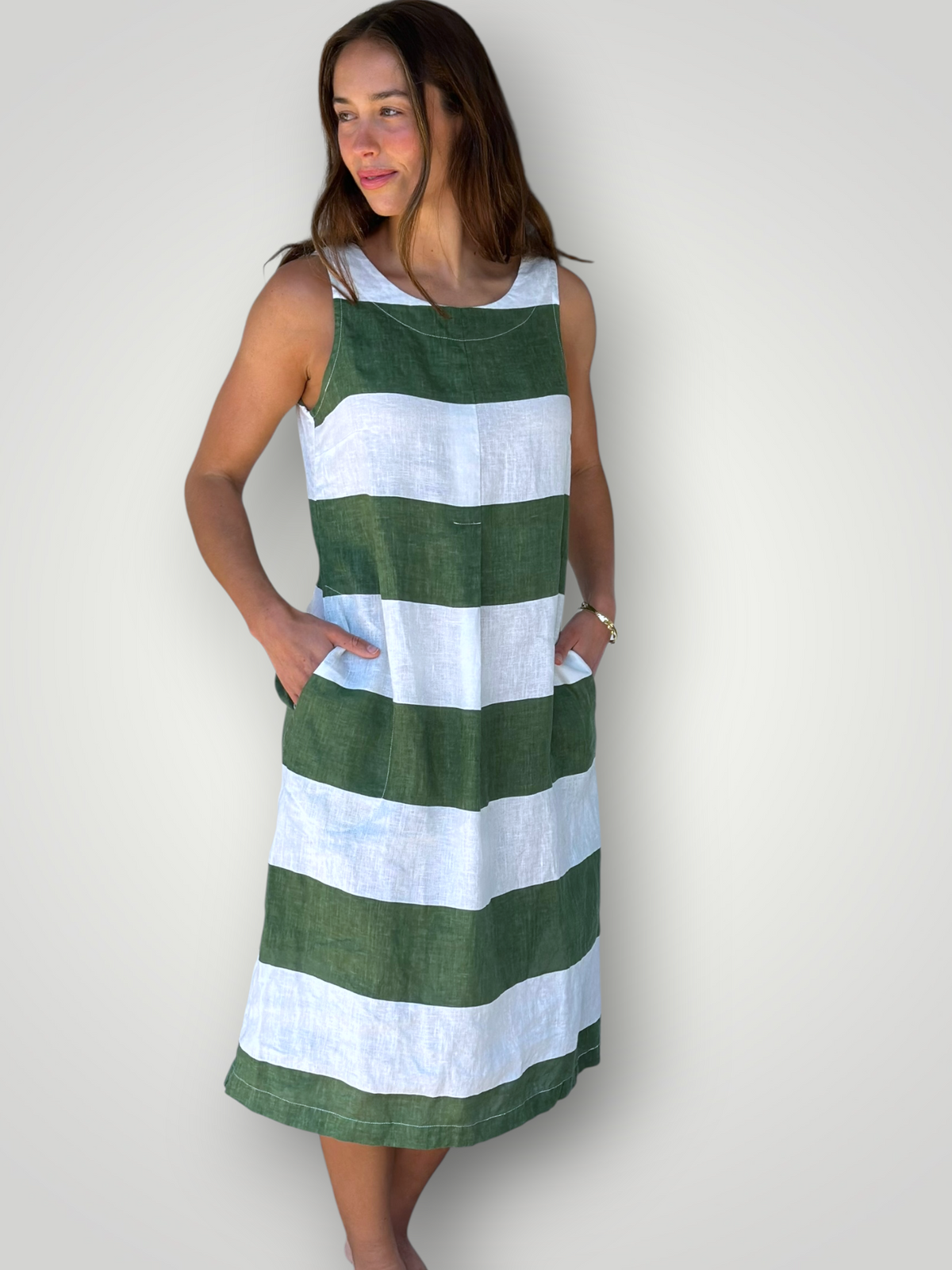 becky dress - big moss stripe linen Apparel