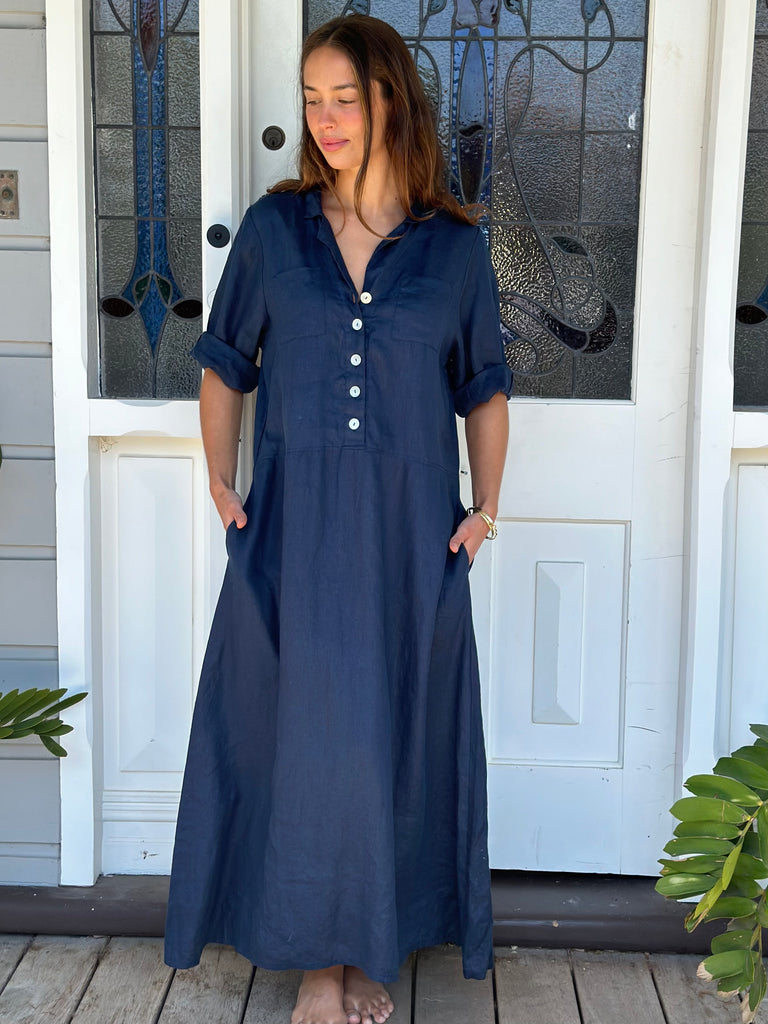 bridget dress -navy linen Apparel  