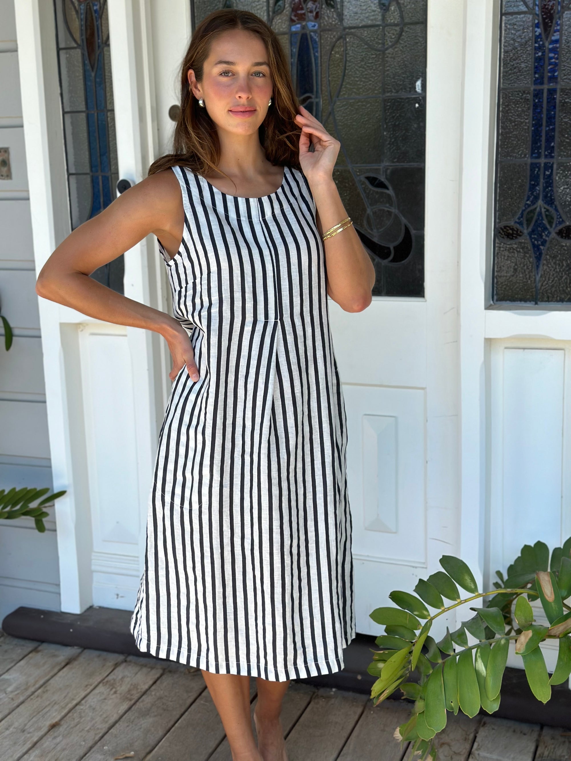 becky dress - small charcoal stripe linen Apparel