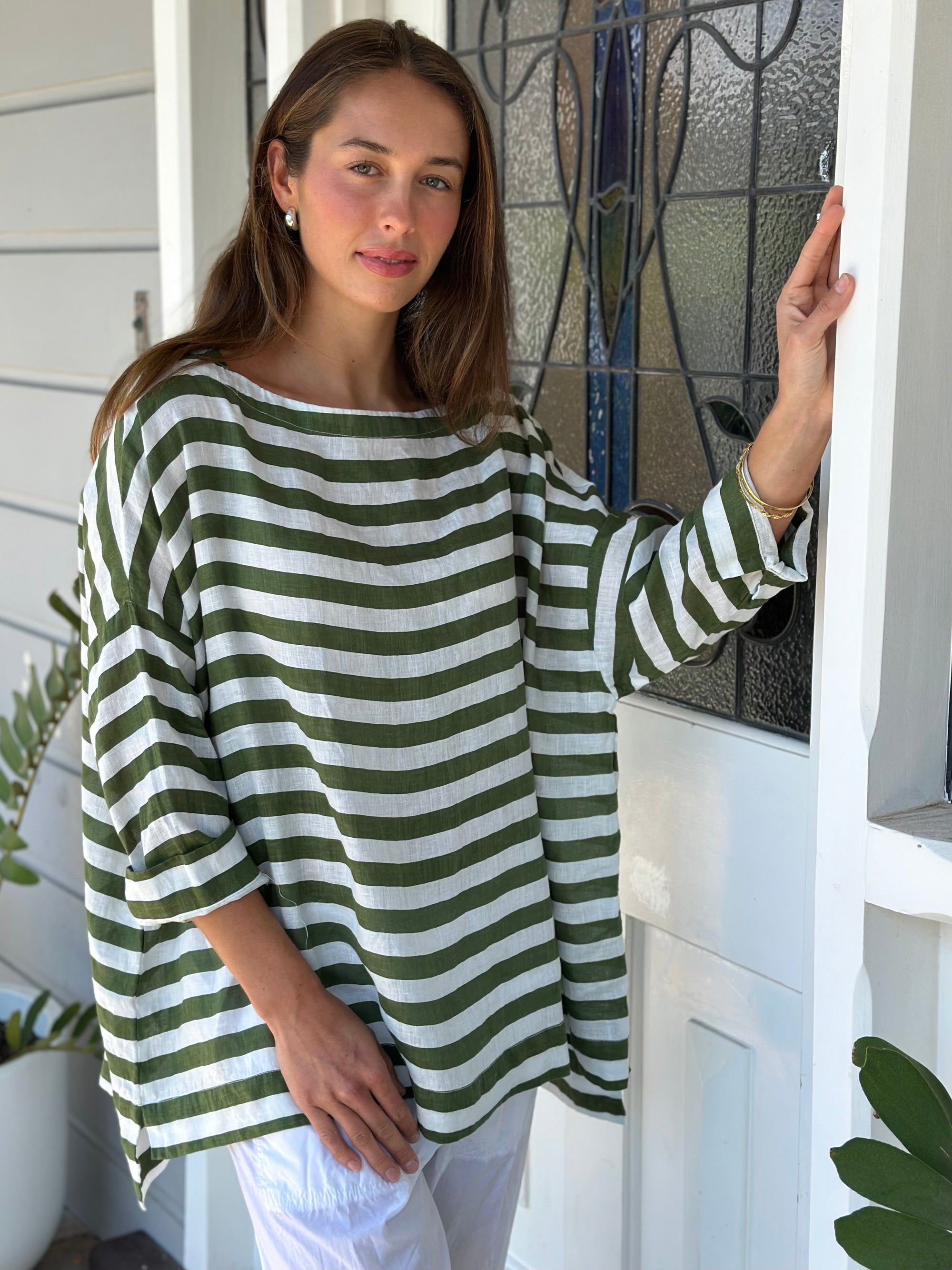 avril top - moss stripe linen Apparel  