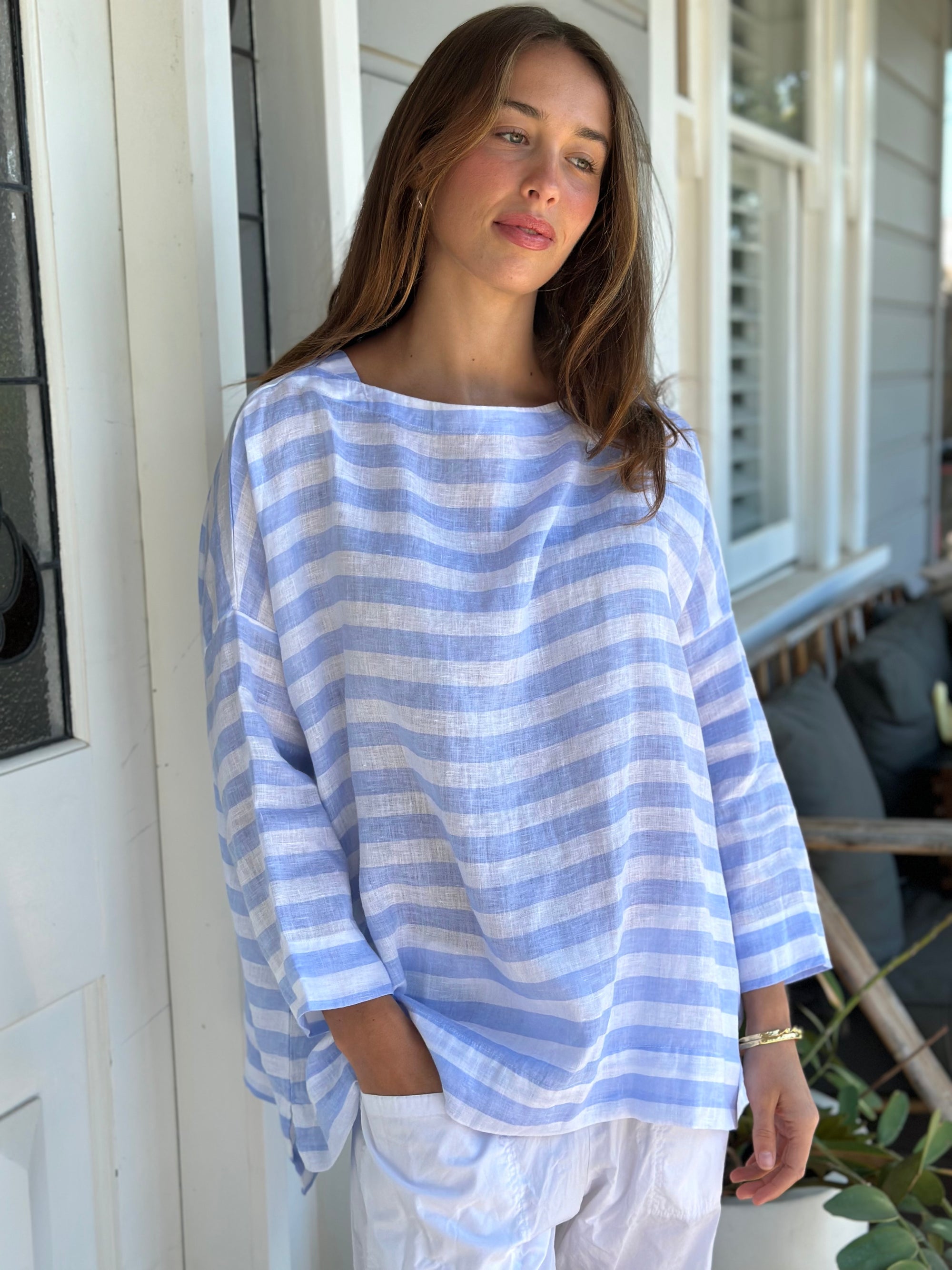 avril top - soft blue stripe linen Apparel