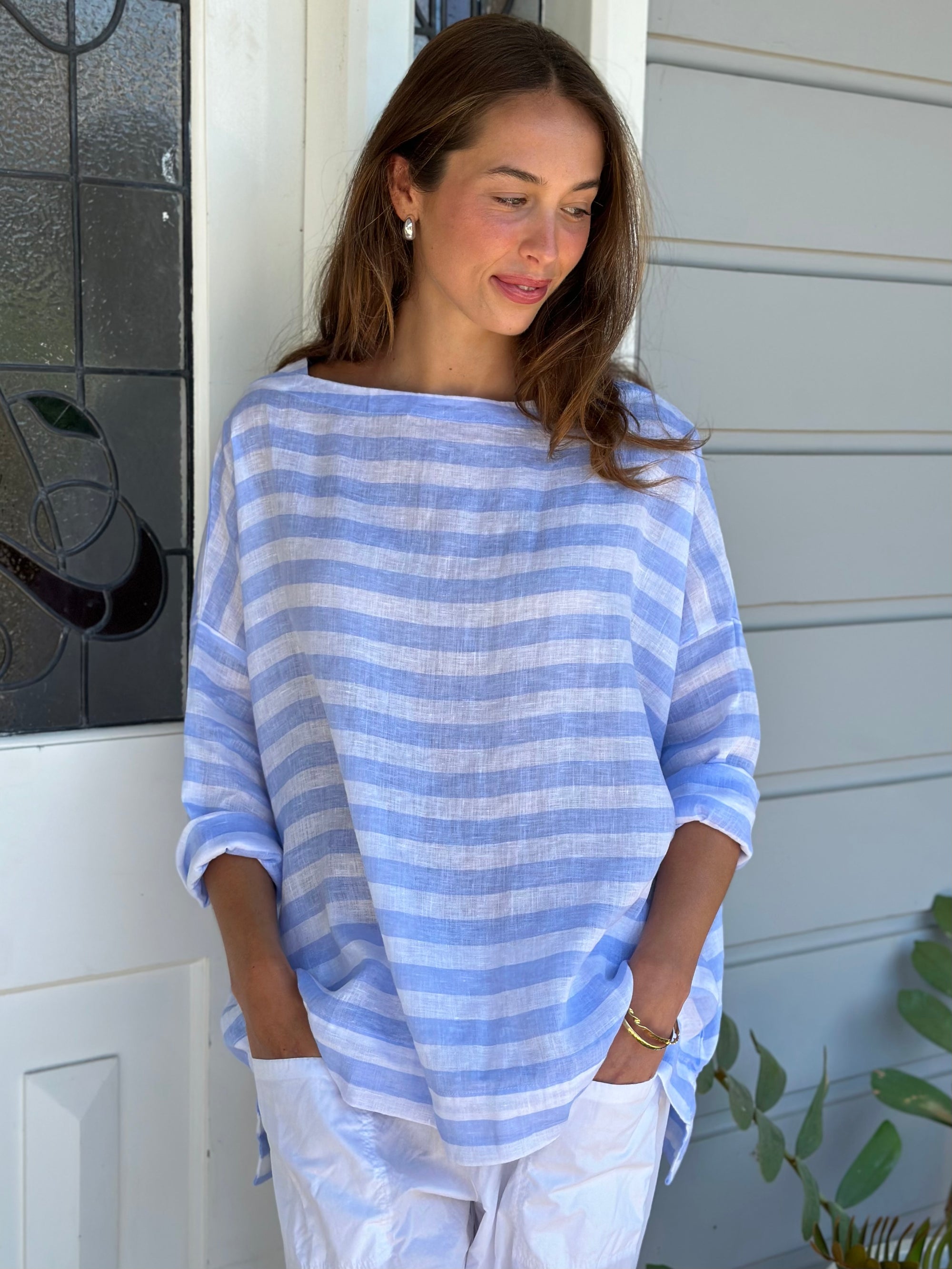avril top - soft blue stripe linen Apparel