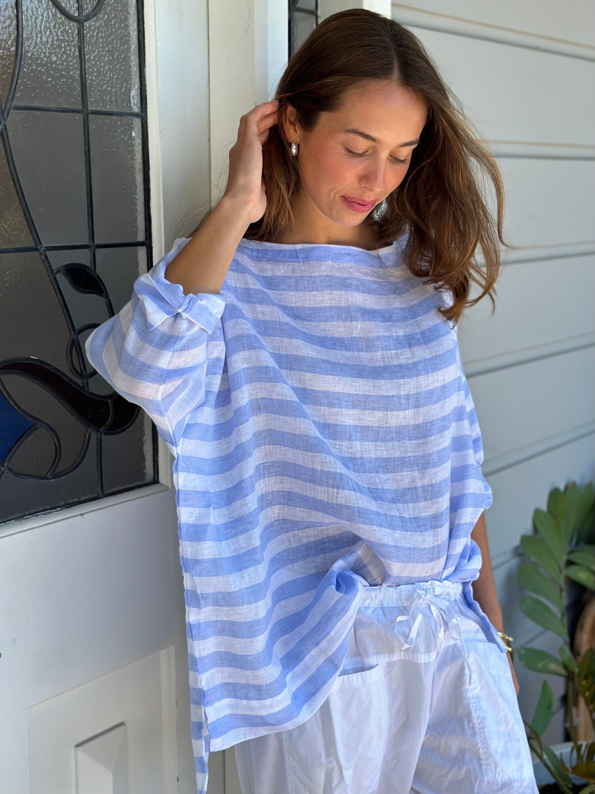 avril top - soft blue stripe linen Apparel