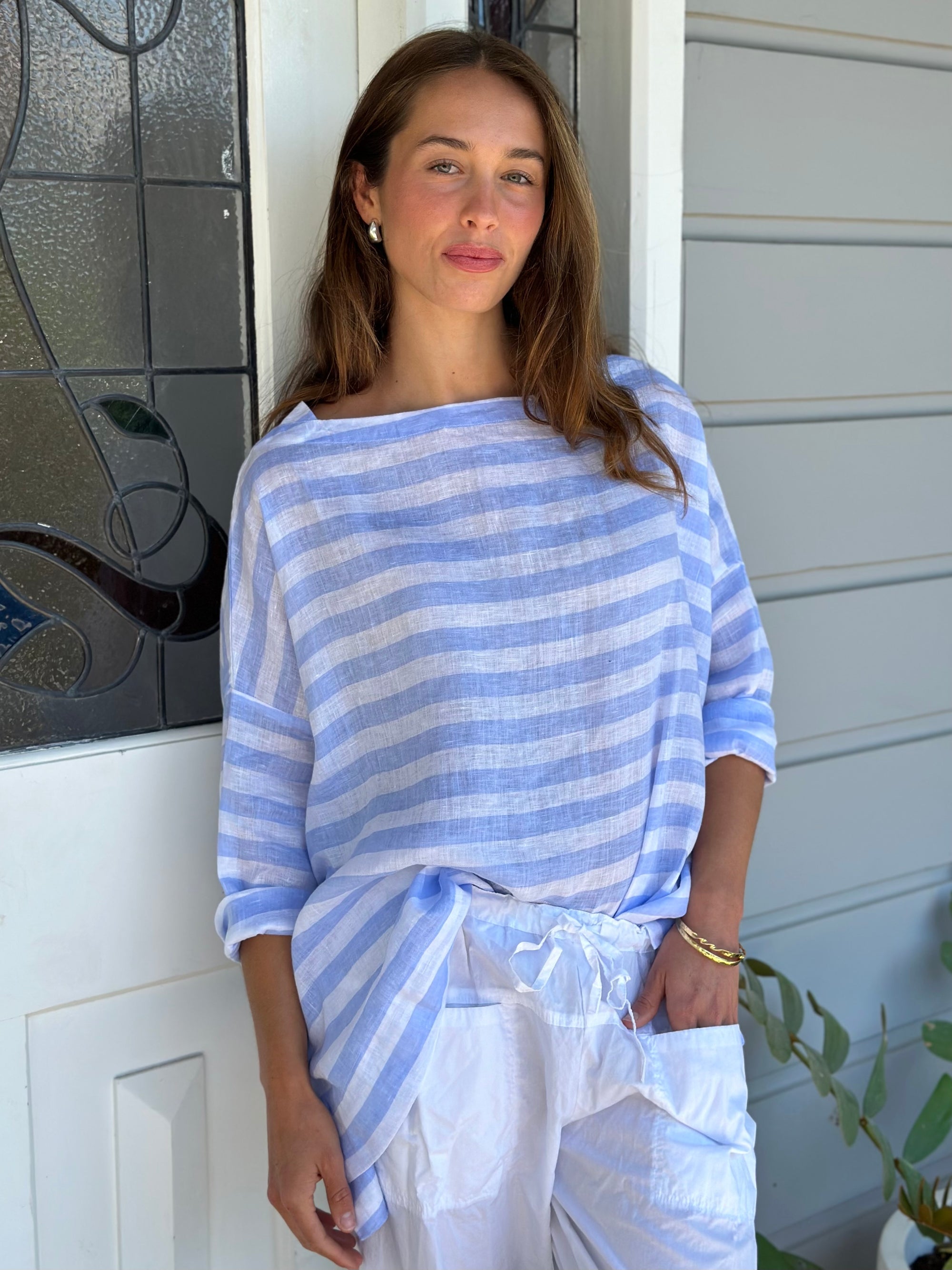 avril top - soft blue stripe linen Apparel