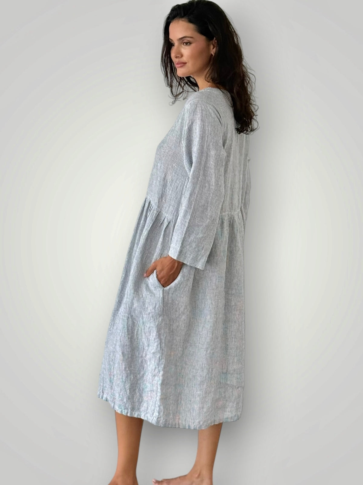 april dress - fine grey stripe linen Apparel