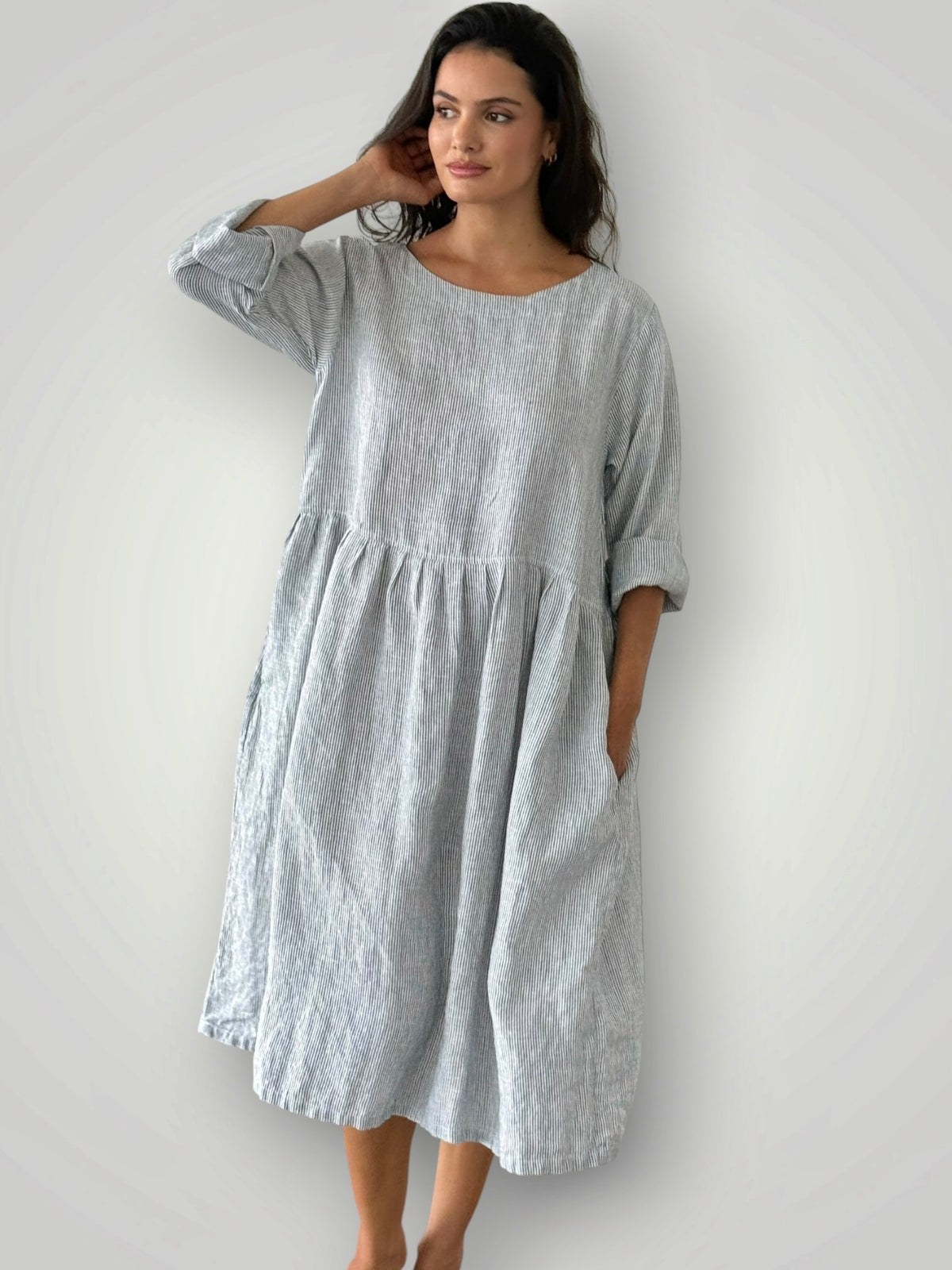 april dress - fine grey stripe linen Apparel