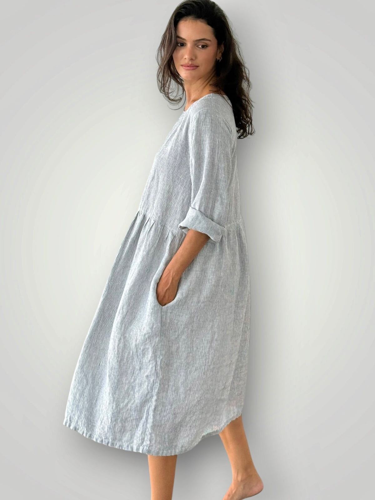 april dress - fine grey stripe linen Apparel