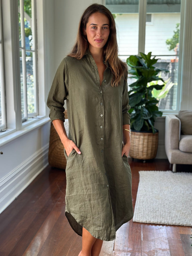 elena shirtdress - army linen Apparel  