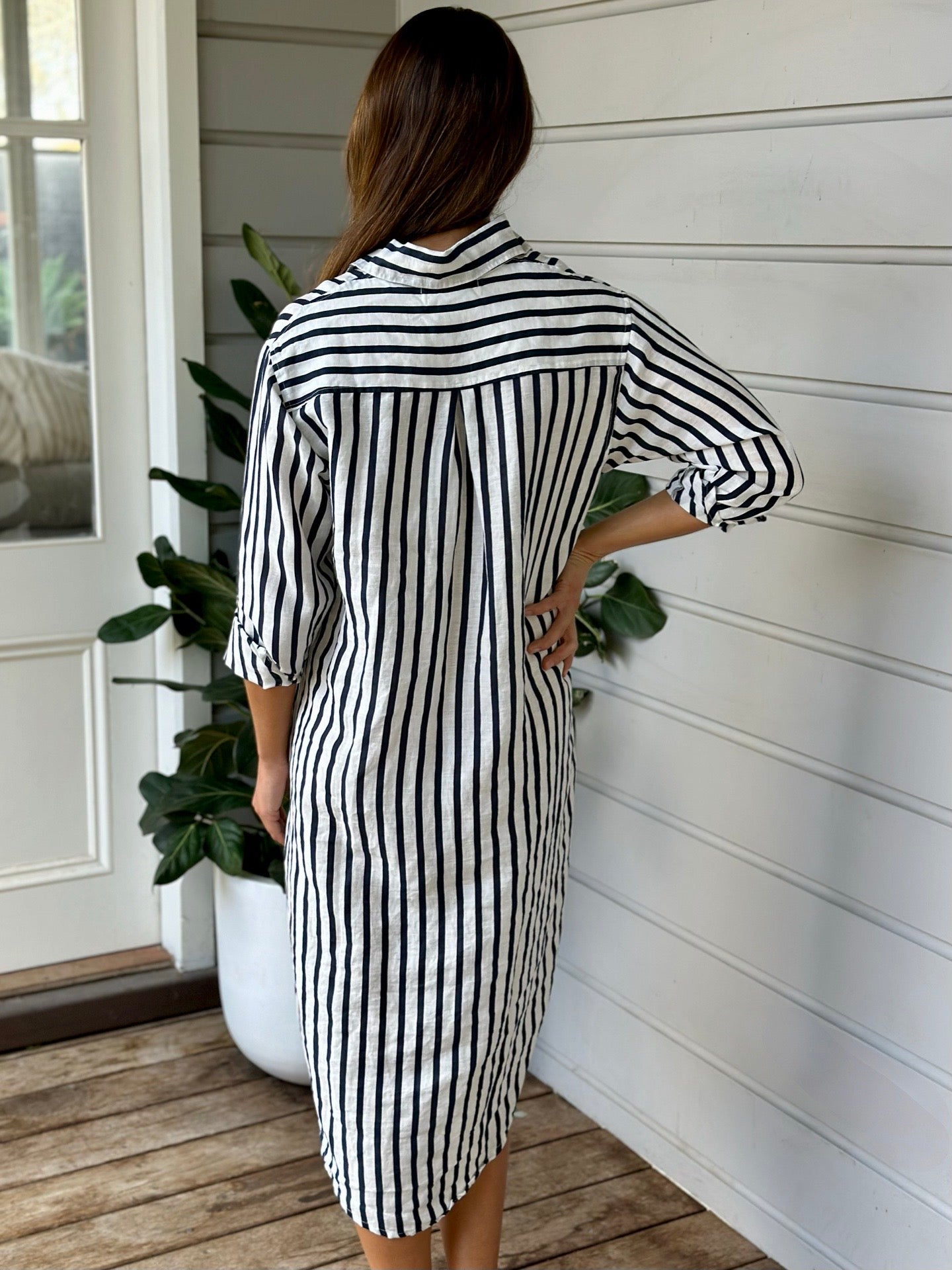 elena shirtdress - navy stripe linen Apparel