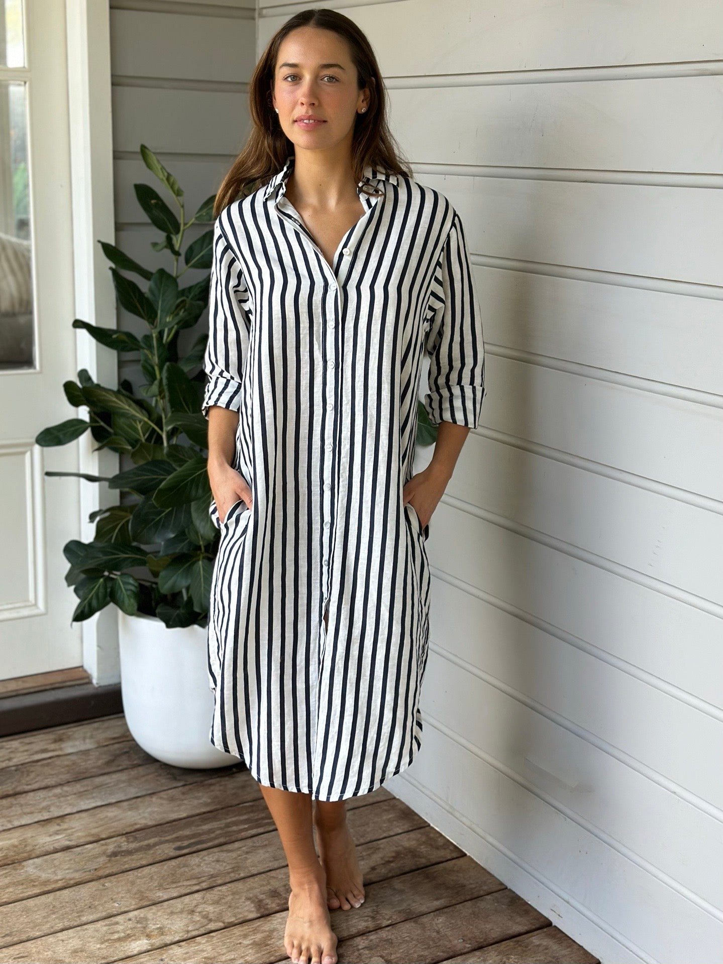 elena shirtdress - navy stripe linen Apparel