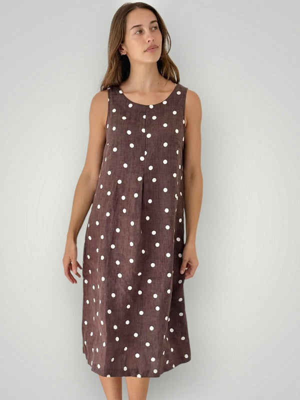 becky dress - chocolate spot linen Apparel