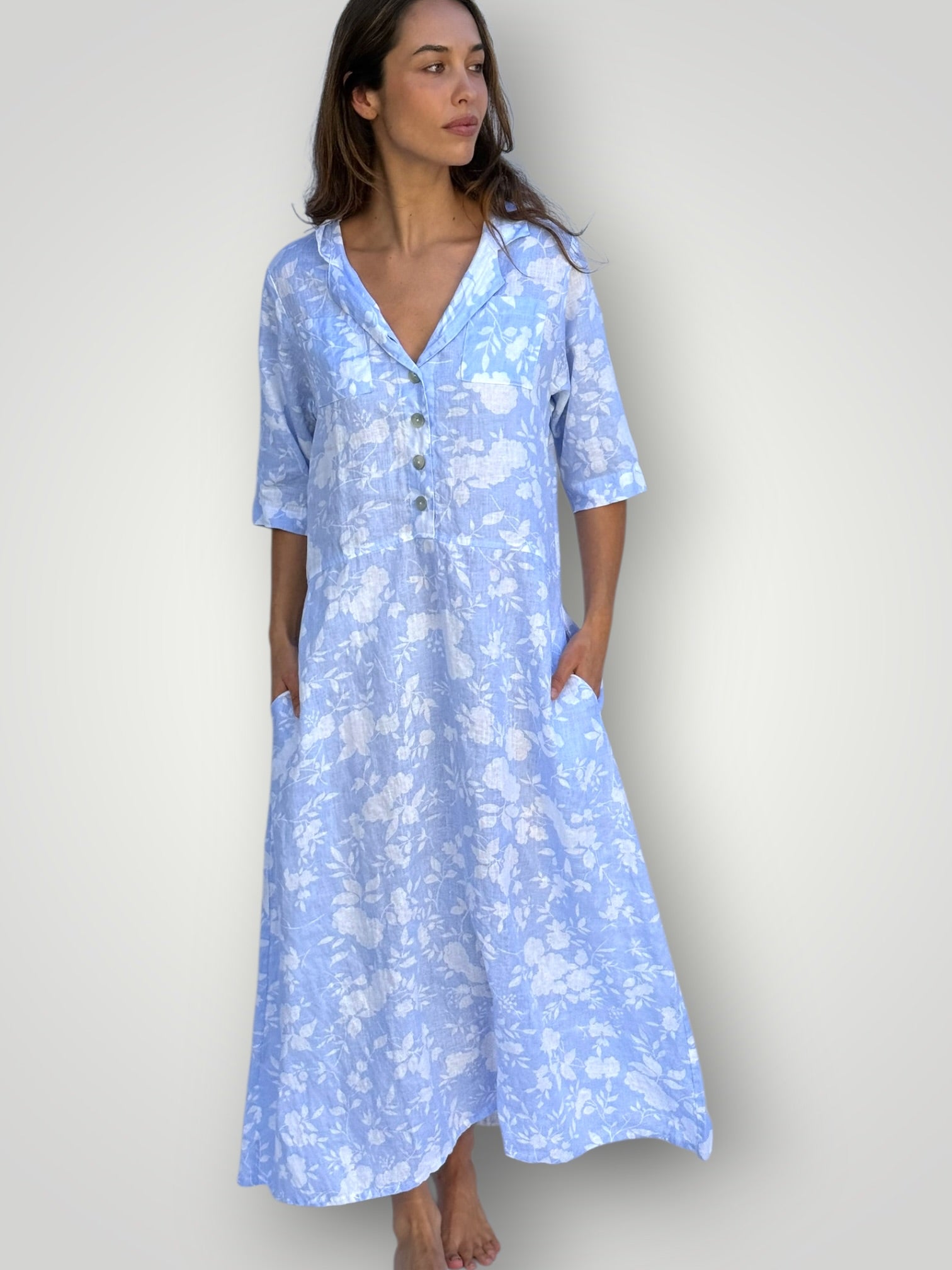 bridget dress - soft blue/white big flower linen Apparel