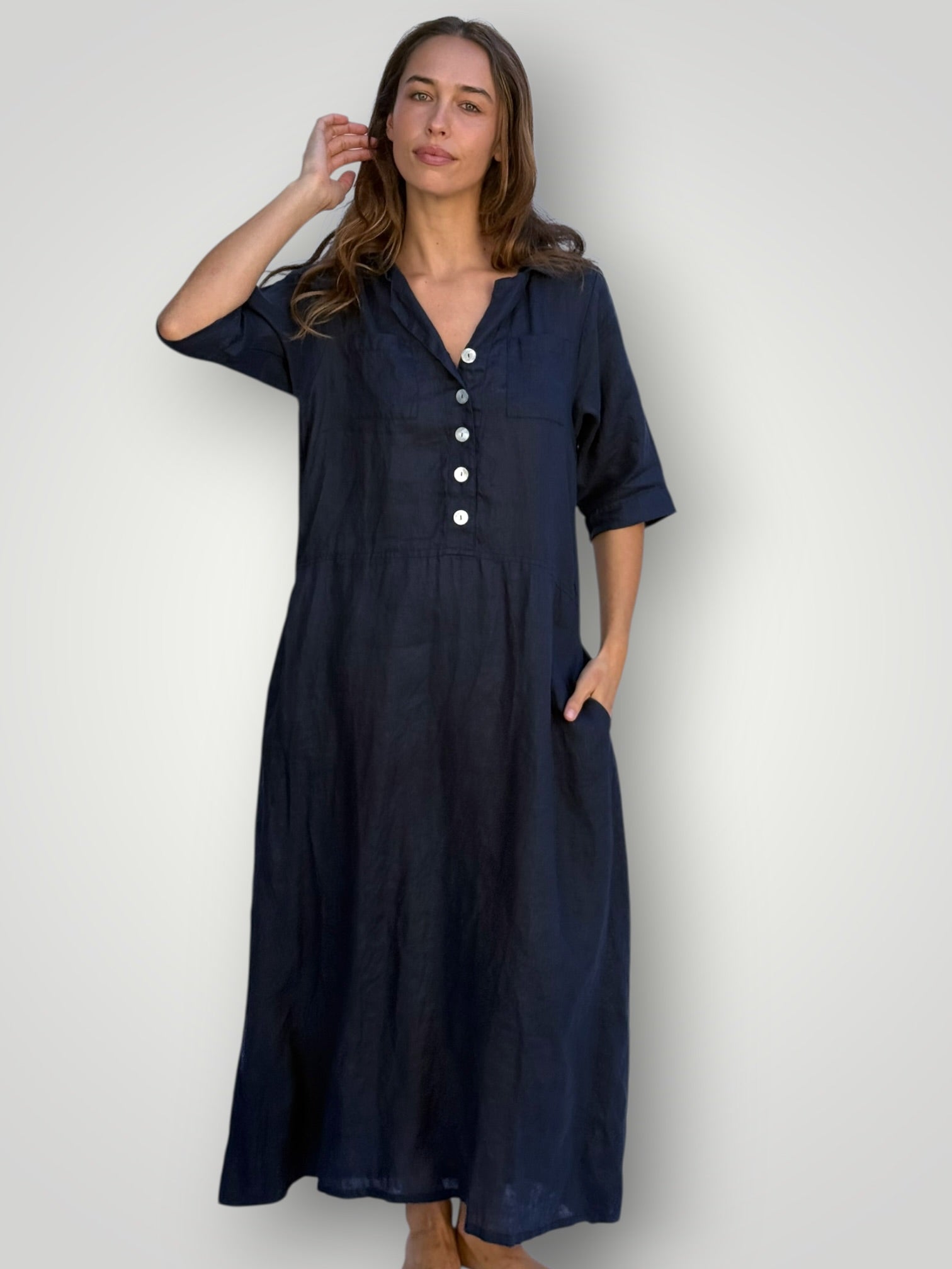 bridget dress -navy linen Apparel