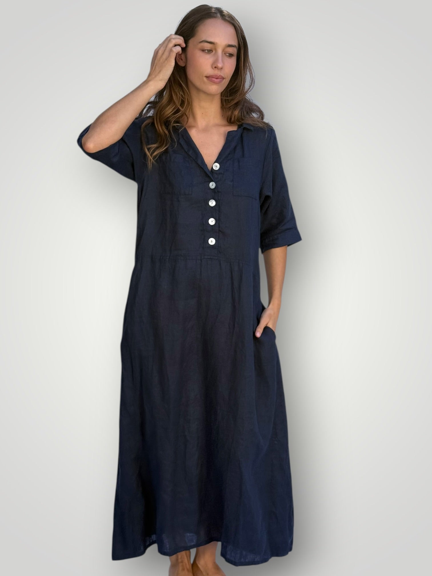 bridget dress -navy linen Apparel
