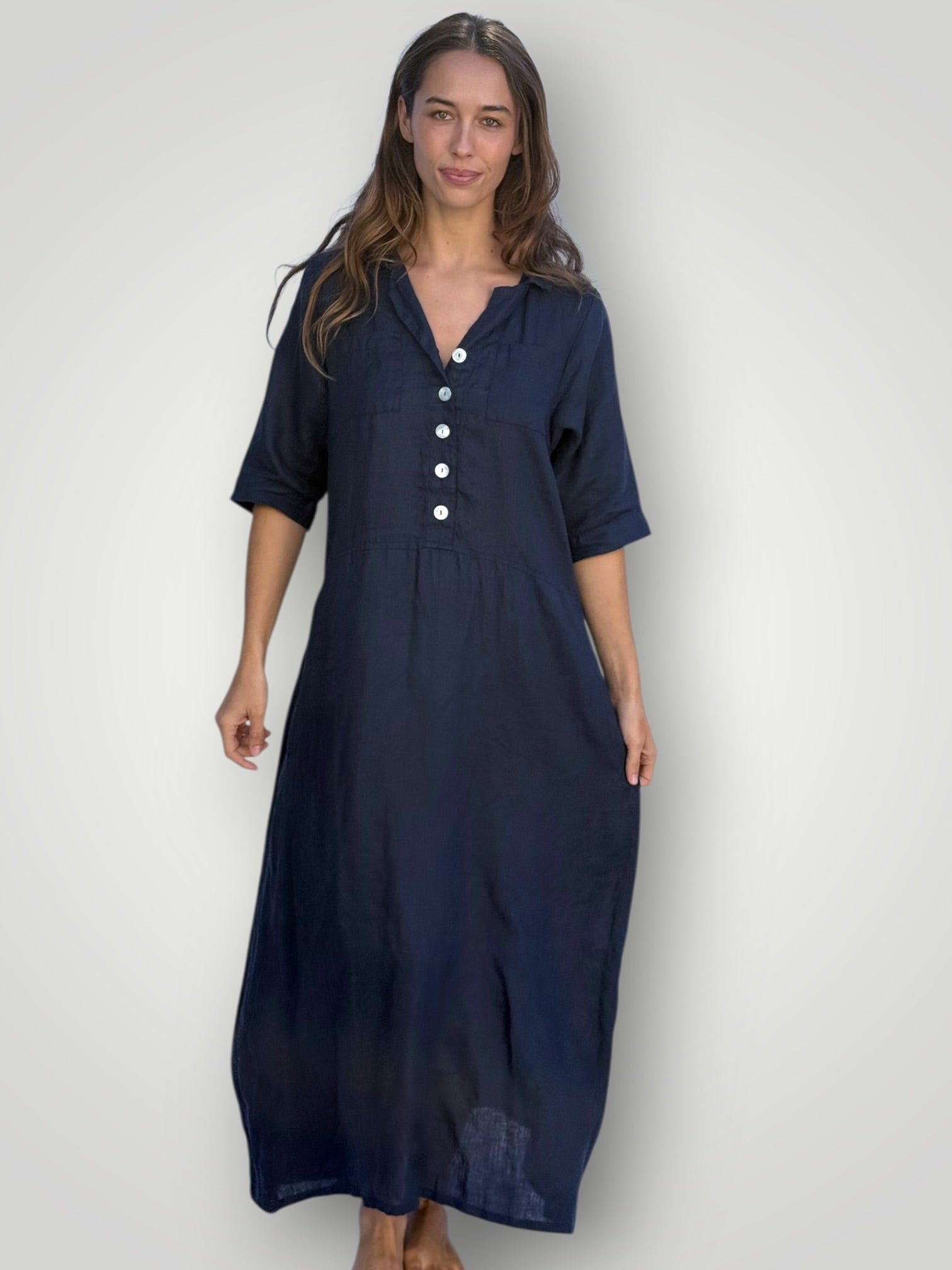 bridget dress -navy linen Apparel