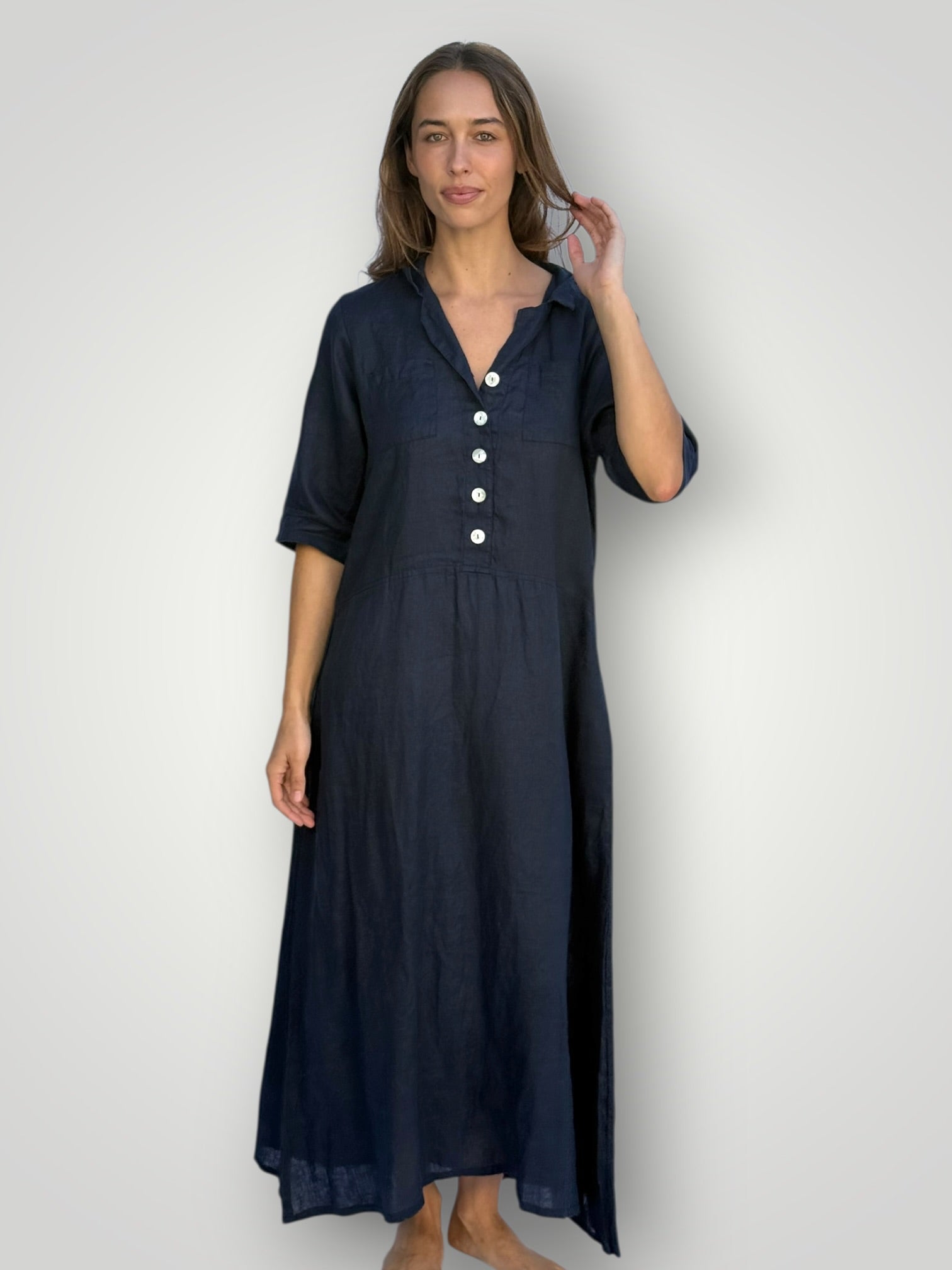 bridget dress -navy linen Apparel