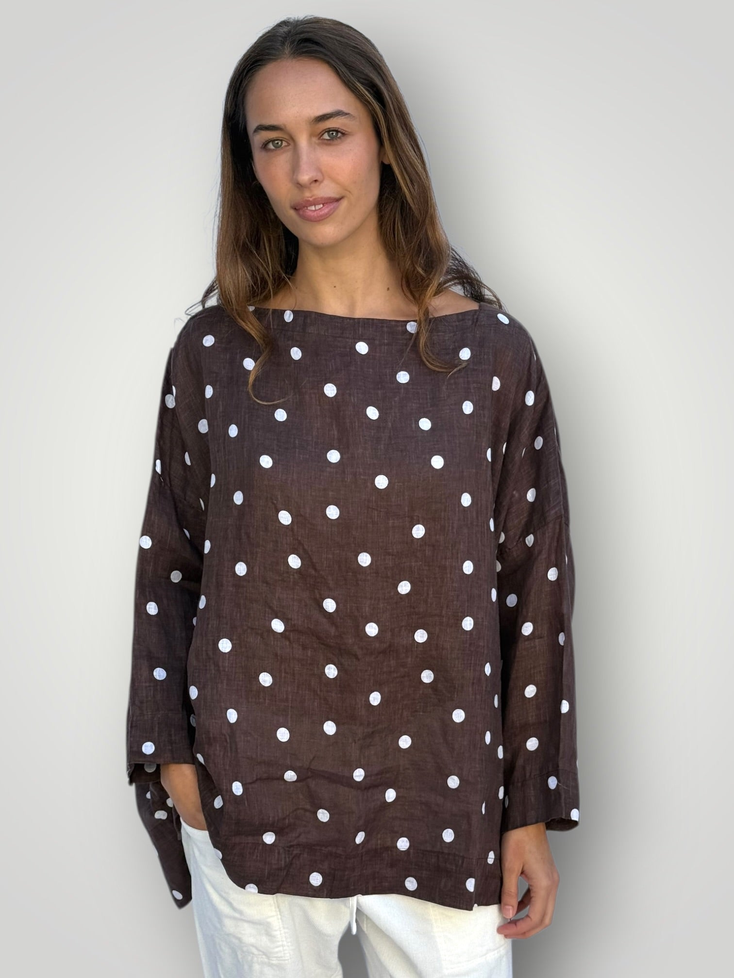 avril top - chocolate spot linen Apparel