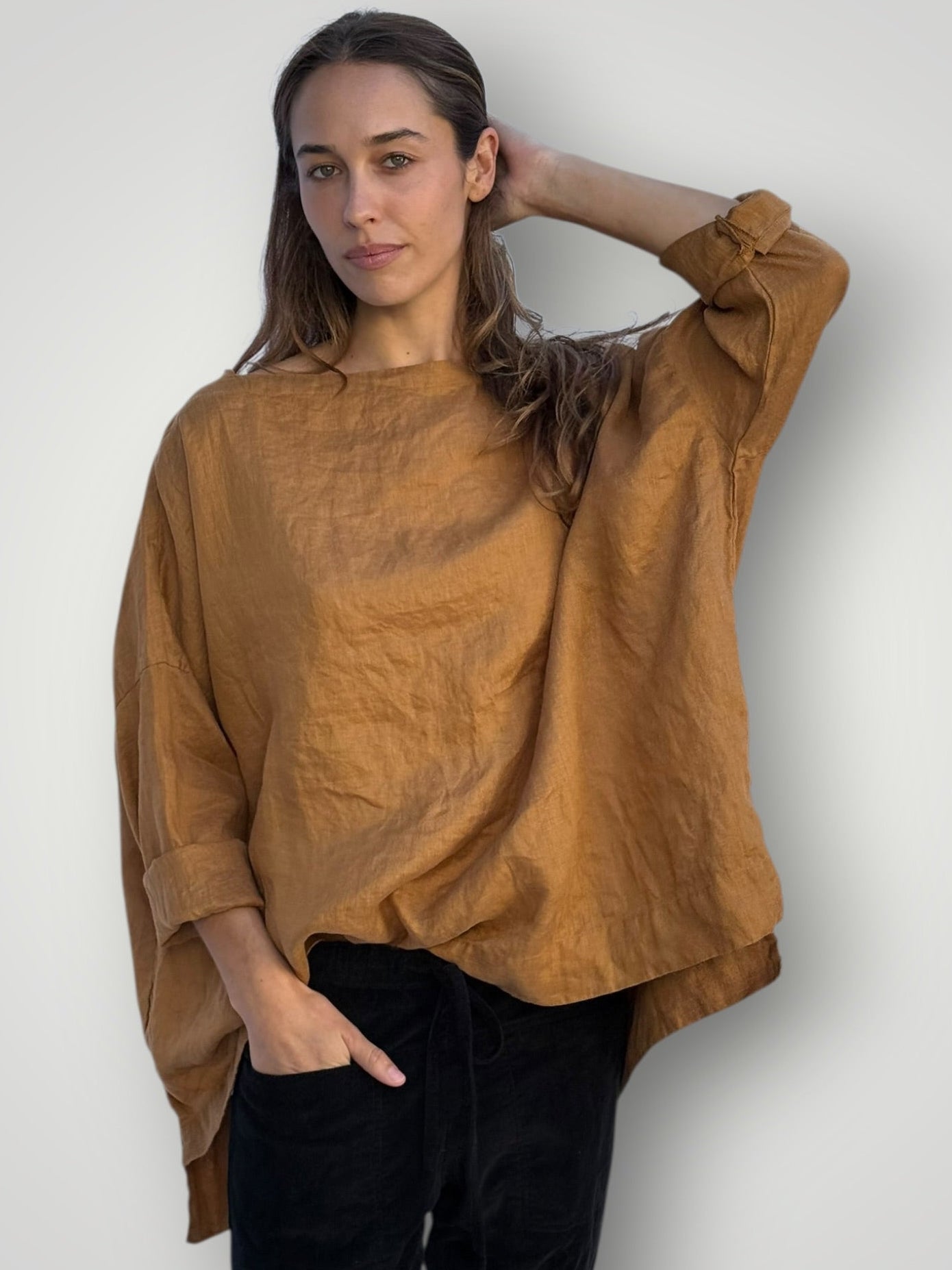 avril top - caramel linen Apparel