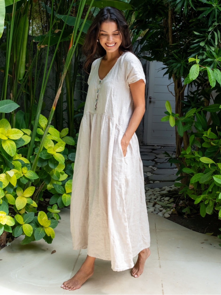 audrey dress - almond linen Apparel