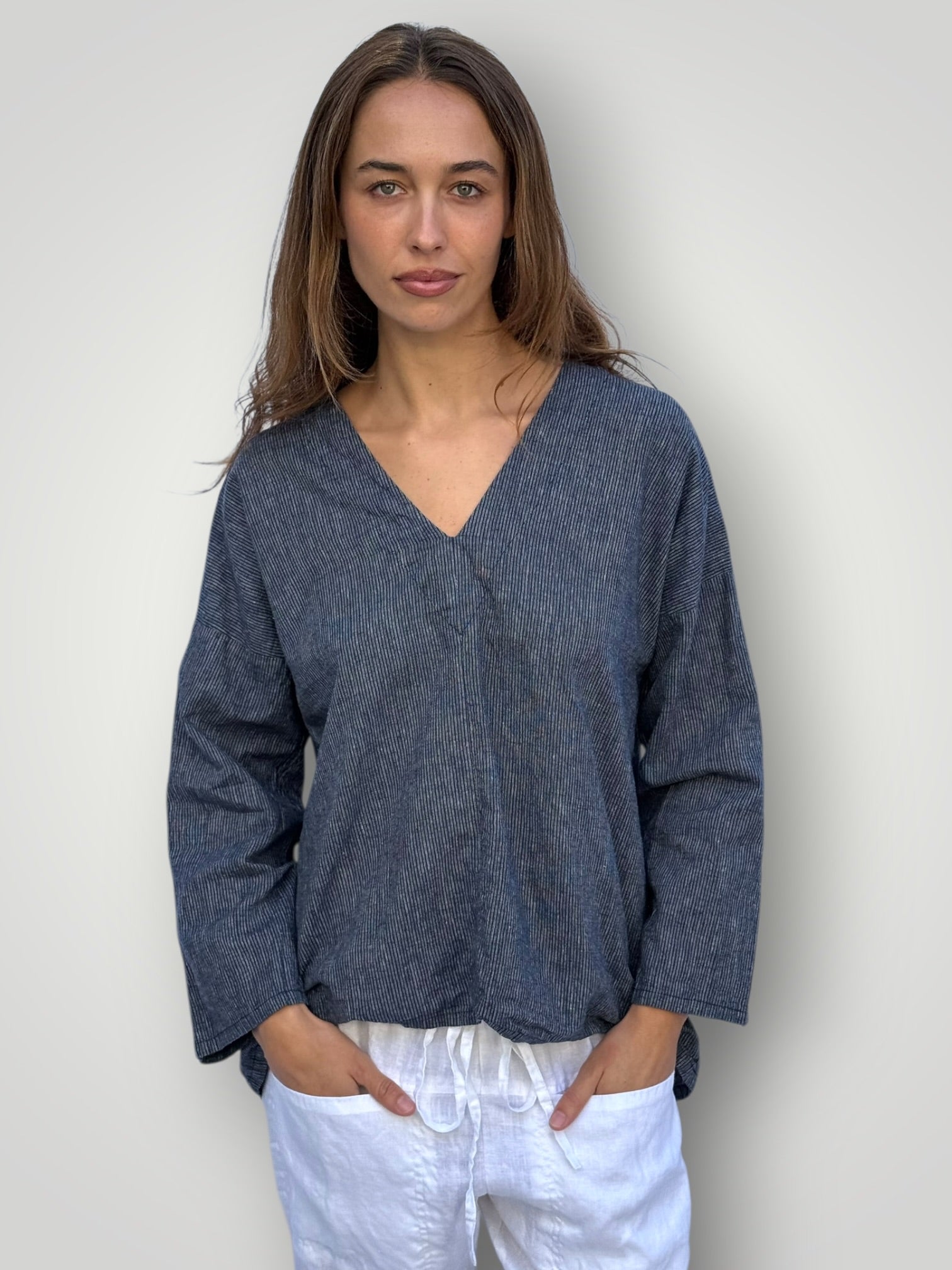 paige top - fine navy stripe hemp Apparel