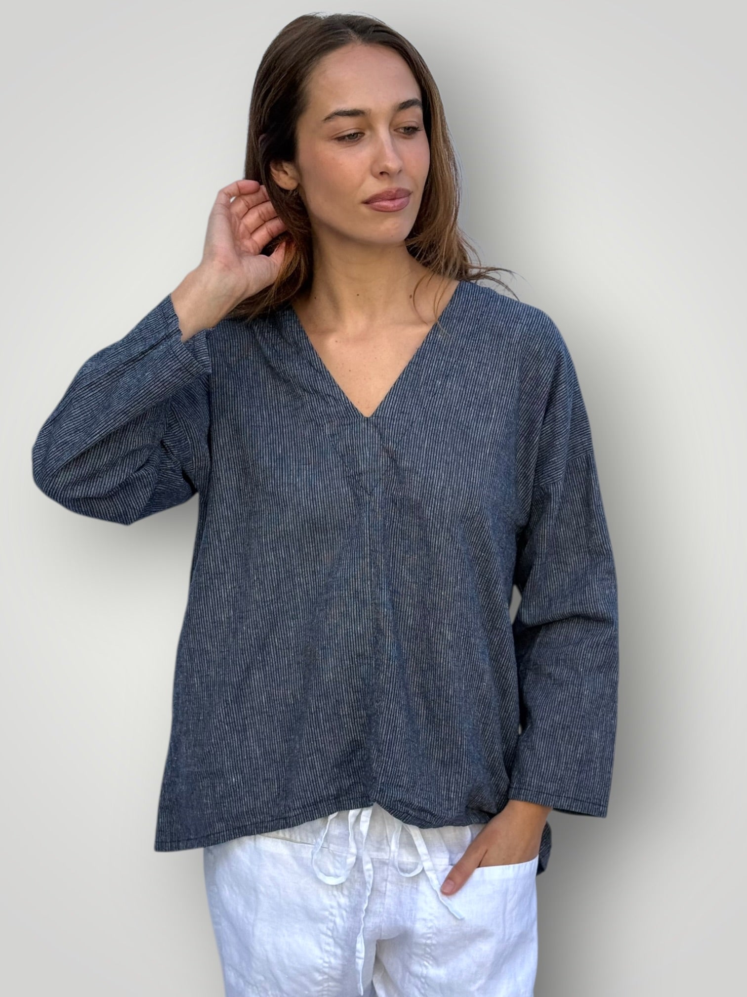 paige top - fine navy stripe hemp Apparel